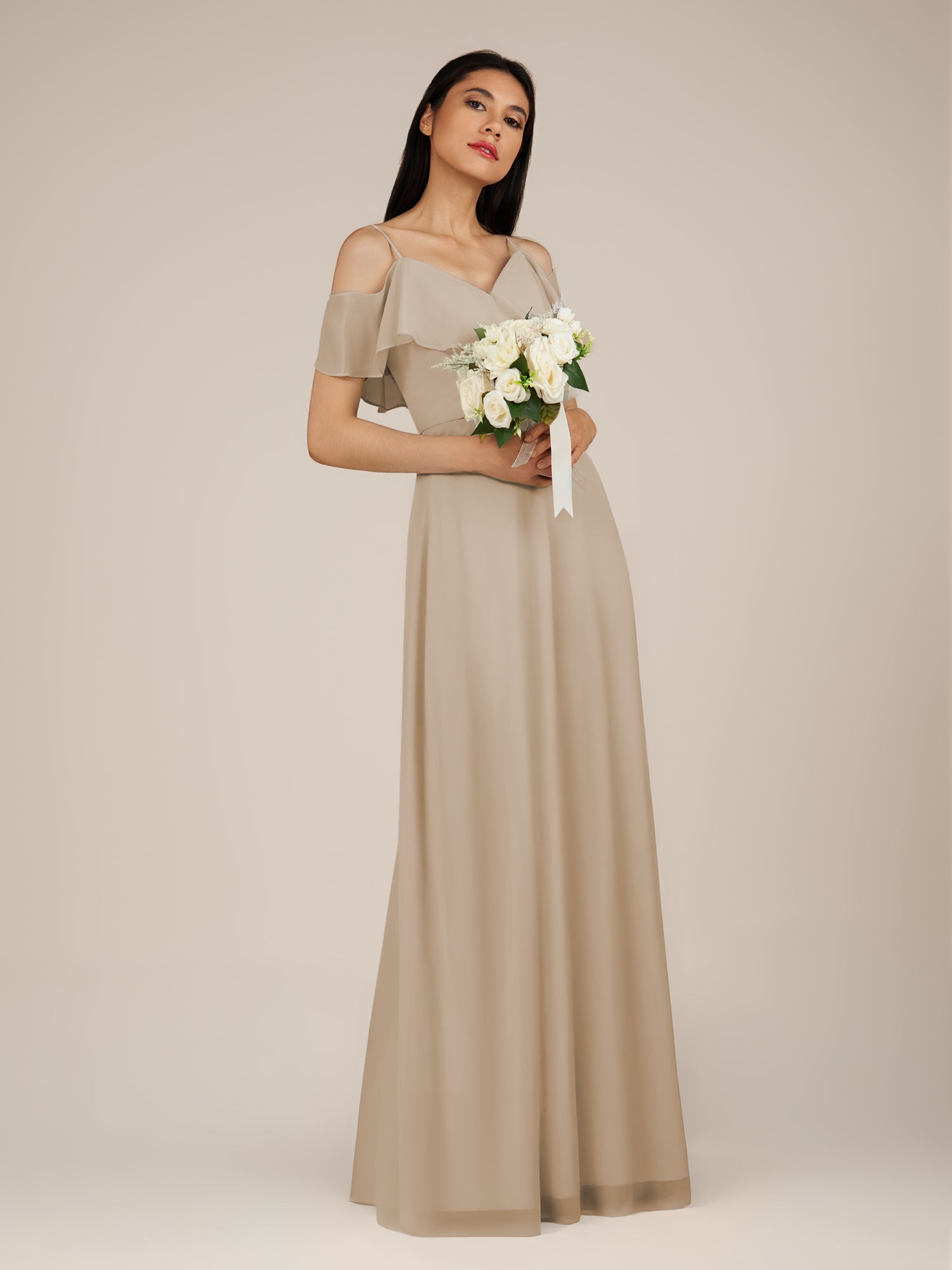 KissDress-Junessa Almond A Line Off the Shoulder Chiffon Long Bridesmaid Dress with Ruffles