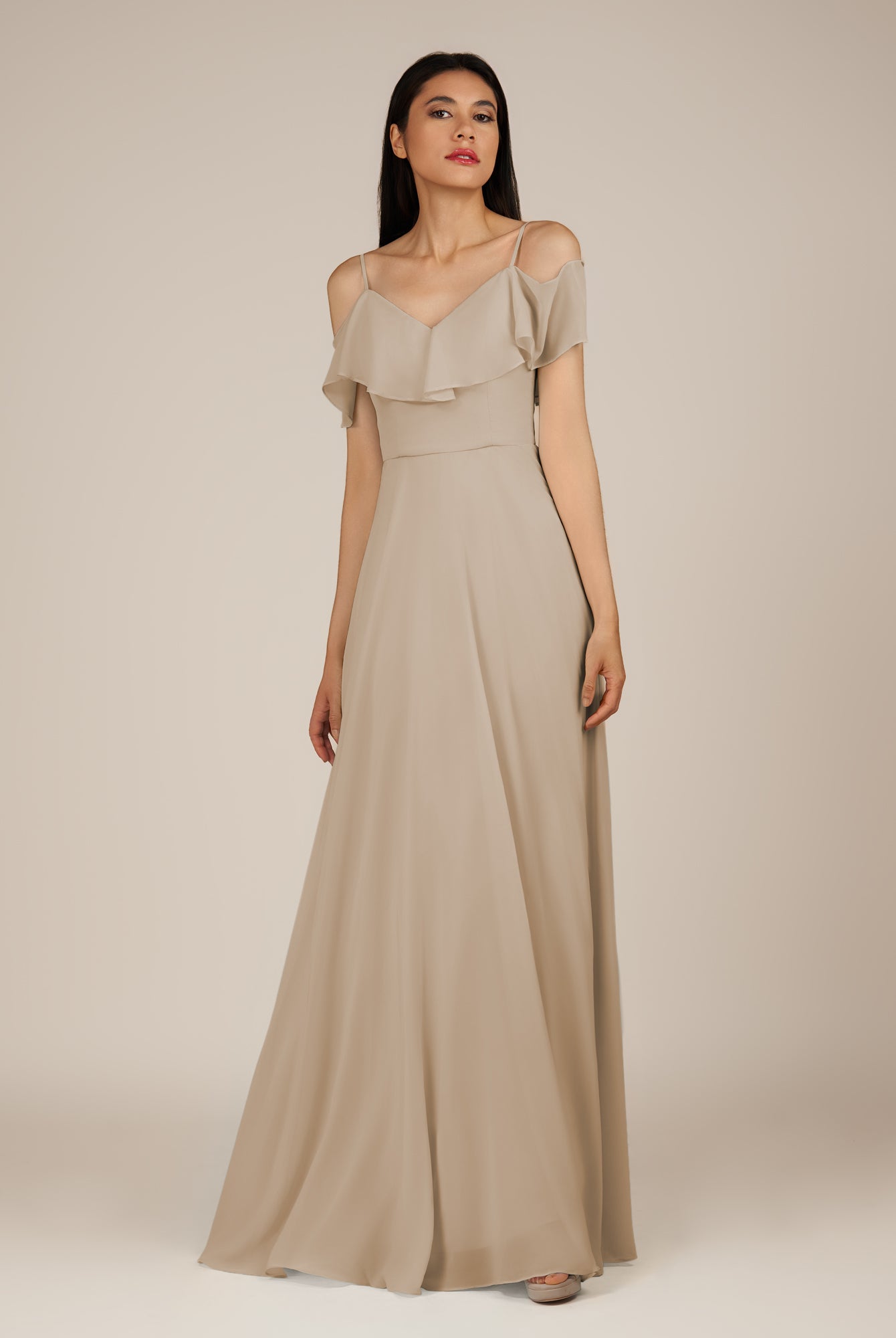 KissDress-Junessa Almond A Line Off the Shoulder Chiffon Long Bridesmaid Dress with Ruffles