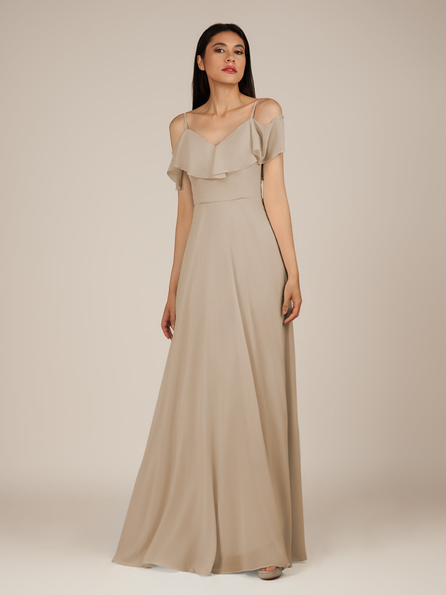KissDress-Junessa Almond A Line Off the Shoulder Chiffon Long Bridesmaid Dress with Ruffles