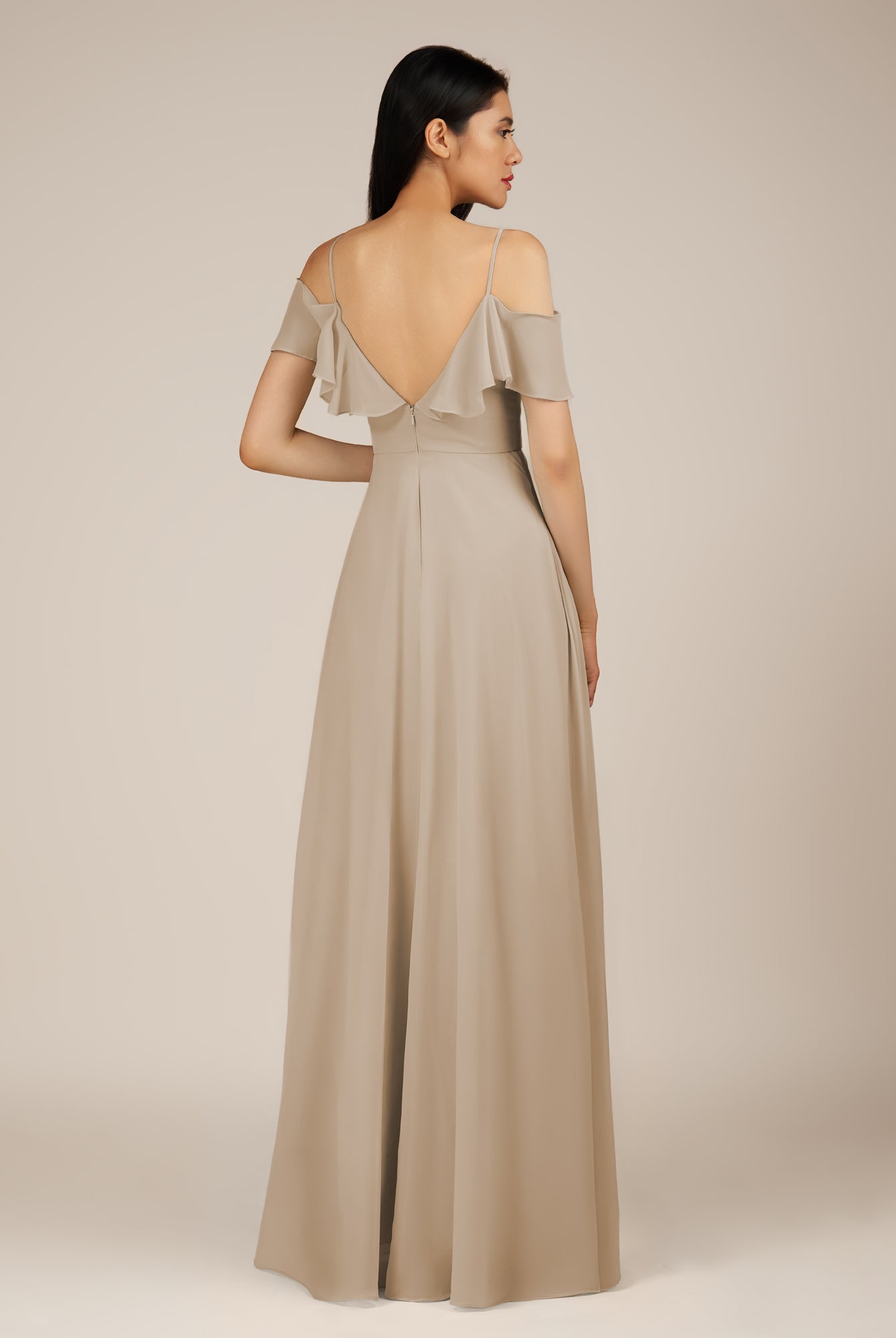 KissDress-Junessa Almond A Line Off the Shoulder Chiffon Long Bridesmaid Dress with Ruffles