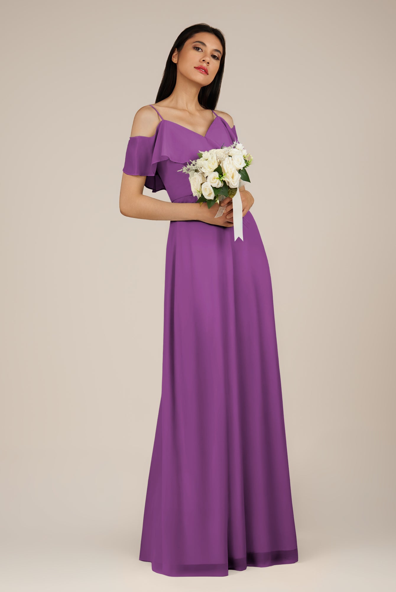 KissDress-Junessa Amethyst A Line Off the Shoulder Chiffon Long Bridesmaid Dress with Ruffles