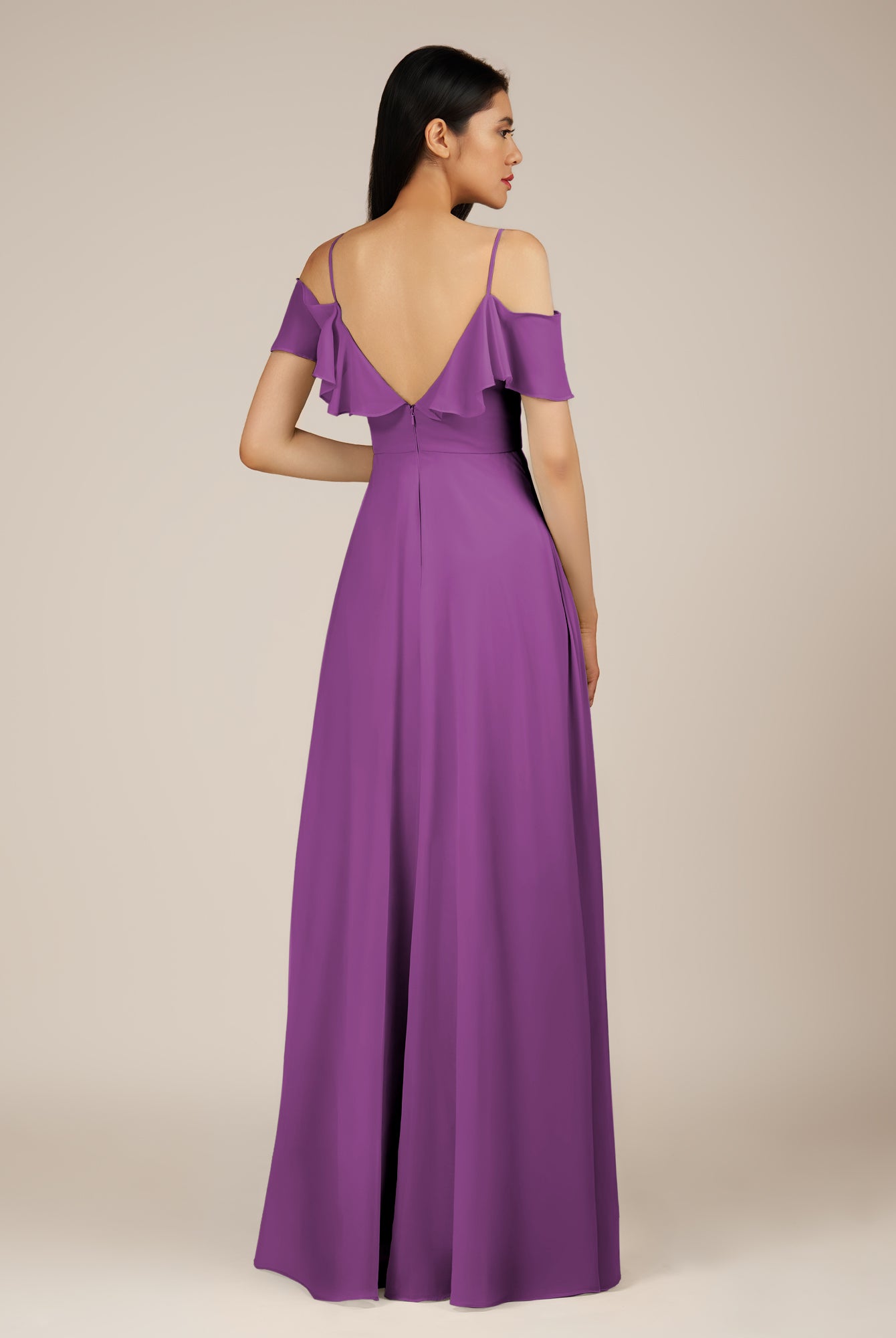KissDress-Junessa Amethyst A Line Off the Shoulder Chiffon Long Bridesmaid Dress with Ruffles