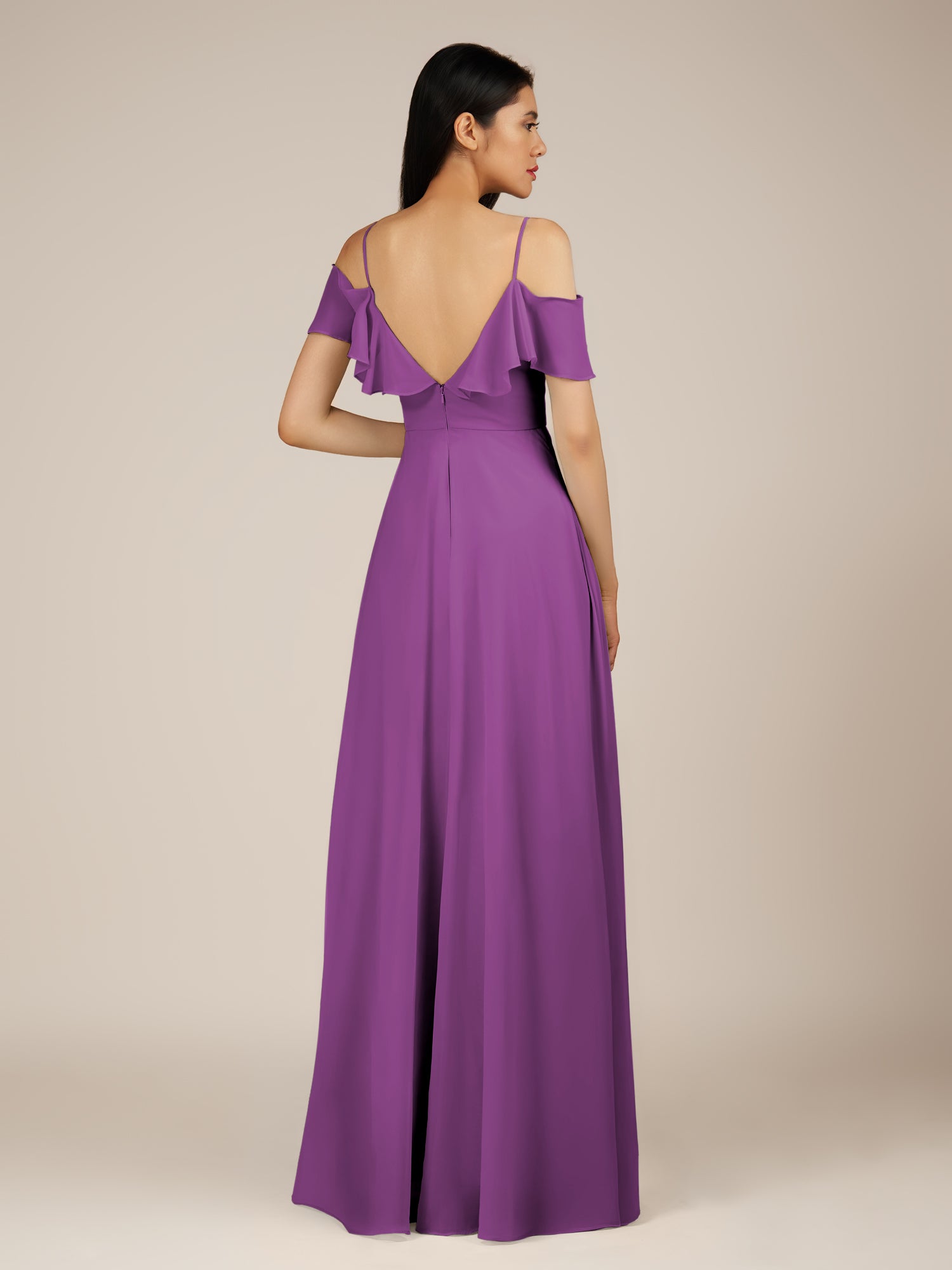 KissDress-Junessa Amethyst A Line Off the Shoulder Chiffon Long Bridesmaid Dress with Ruffles