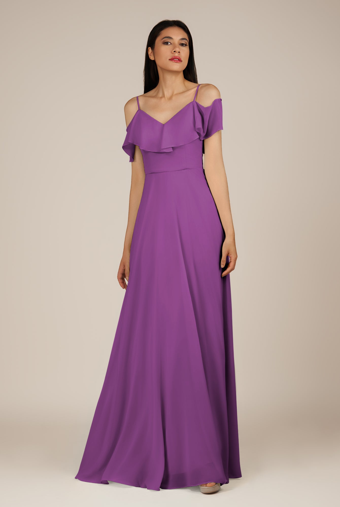 KissDress-Junessa Amethyst A Line Off the Shoulder Chiffon Long Bridesmaid Dress with Ruffles