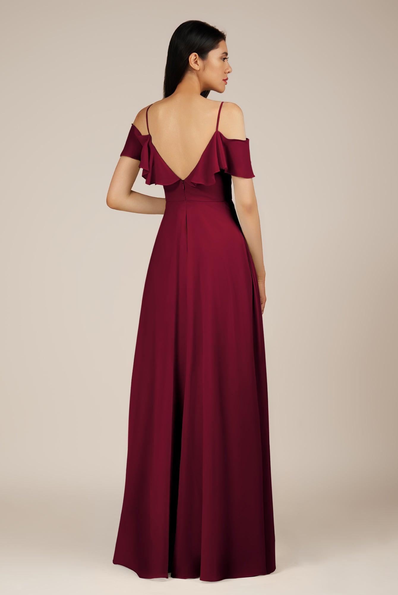 KissDress-Junessa Berry A Line Off the Shoulder Chiffon Long Bridesmaid Dress with Ruffles