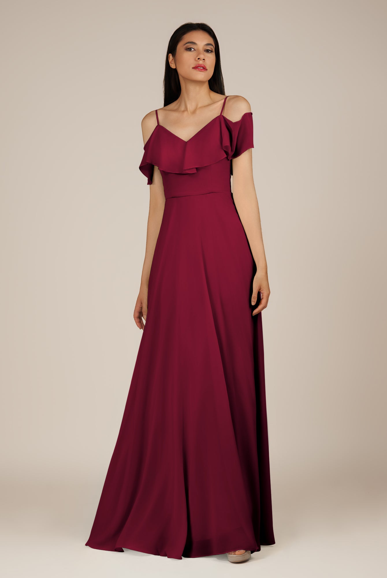 KissDress-Junessa Berry A Line Off the Shoulder Chiffon Long Bridesmaid Dress with Ruffles