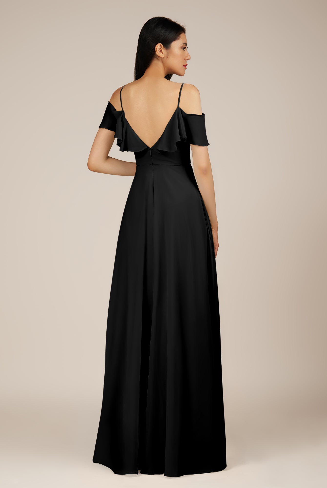 KissDress-Junessa Black A Line Off the Shoulder Chiffon Long Bridesmaid Dress with Ruffles
