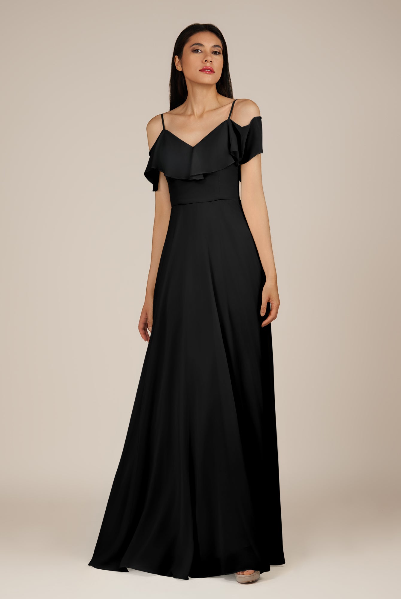 KissDress-Junessa Black A Line Off the Shoulder Chiffon Long Bridesmaid Dress with Ruffles