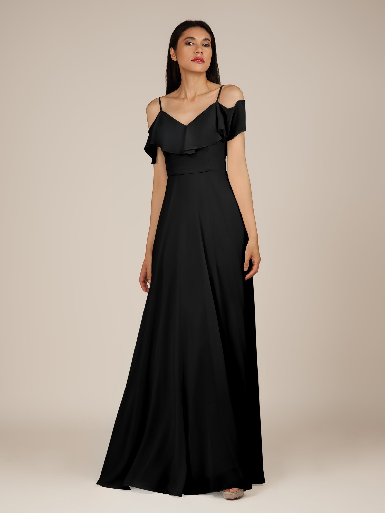 KissDress-Junessa Black A Line Off the Shoulder Chiffon Long Bridesmaid Dress with Ruffles