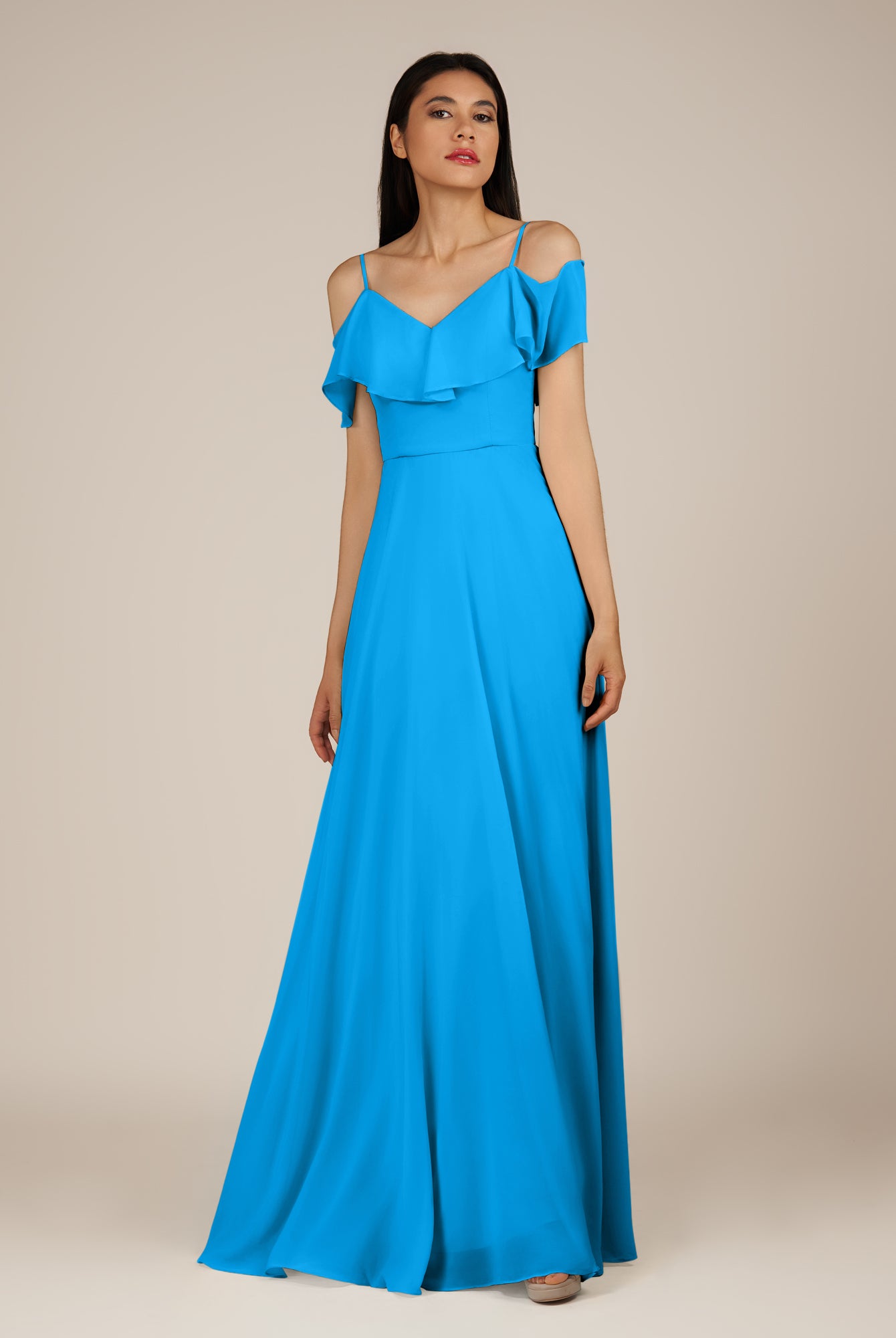 KissDress-Junessa Blue Jay A Line Off the Shoulder Chiffon Long Bridesmaid Dress with Ruffles