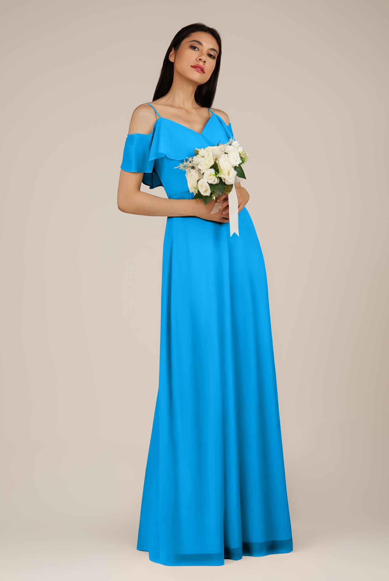 KissDress-Junessa Blue Jay A Line Off the Shoulder Chiffon Long Bridesmaid Dress with Ruffles