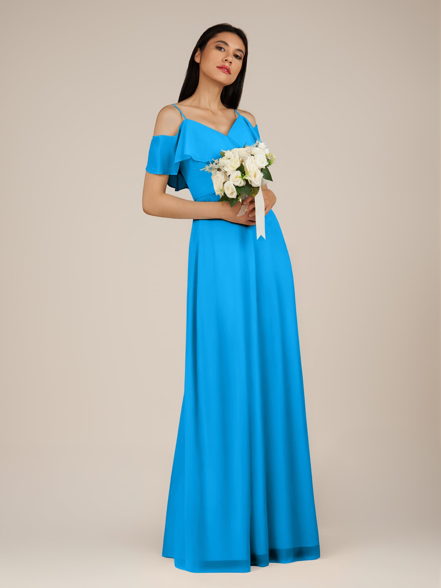KissDress-Junessa Blue Jay A Line Off the Shoulder Chiffon Long Bridesmaid Dress with Ruffles