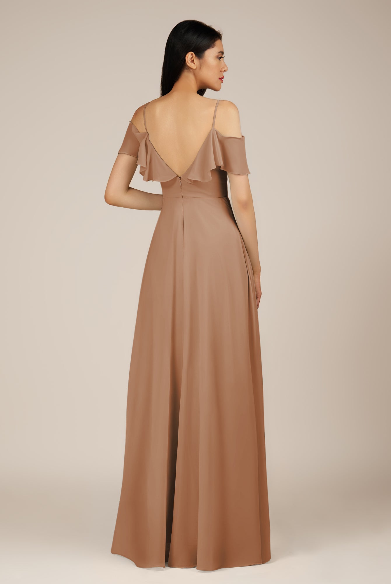KissDress-Junessa Bronzer A Line Off the Shoulder Chiffon Long Bridesmaid Dress with Ruffles