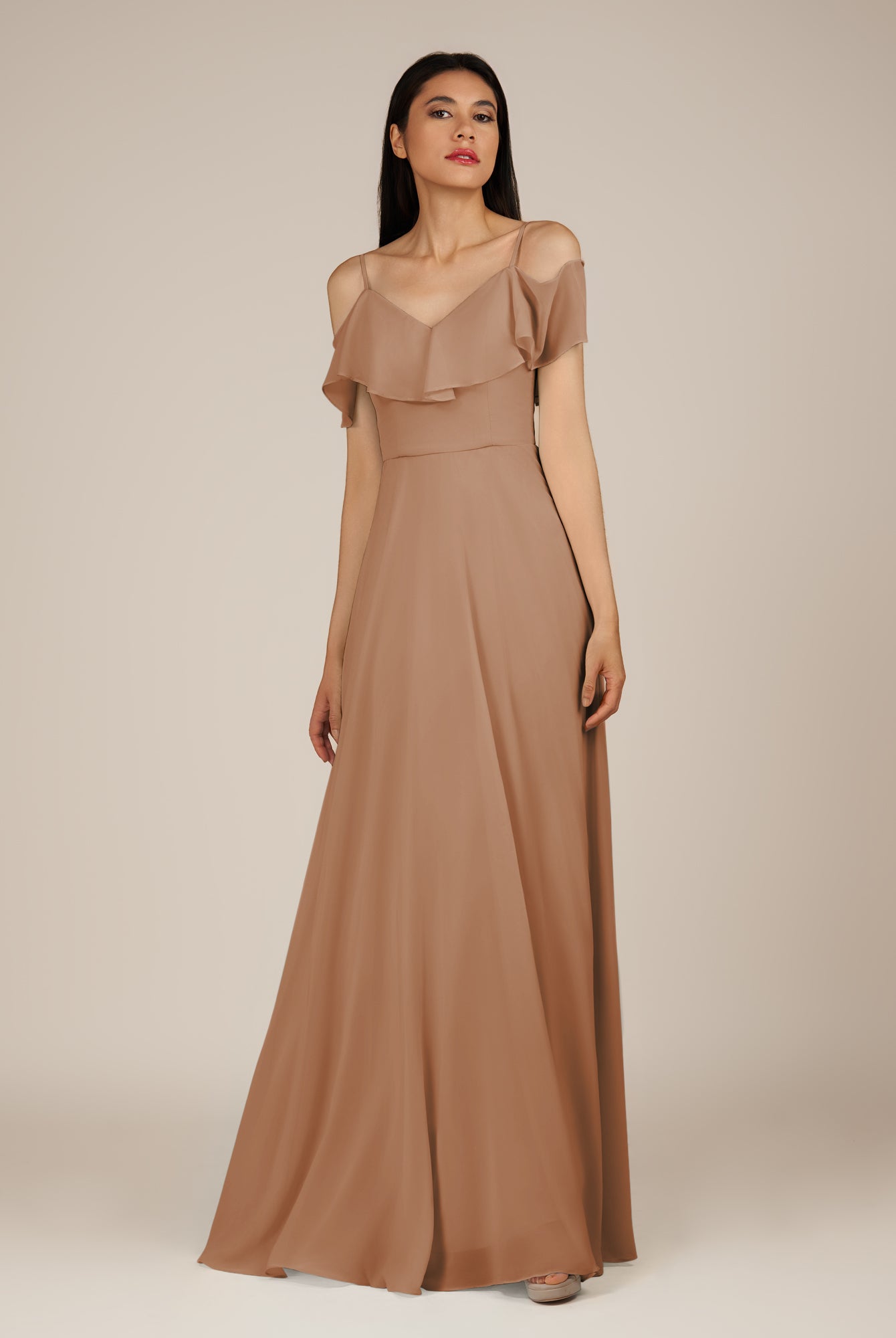 KissDress-Junessa Bronzer A Line Off the Shoulder Chiffon Long Bridesmaid Dress with Ruffles