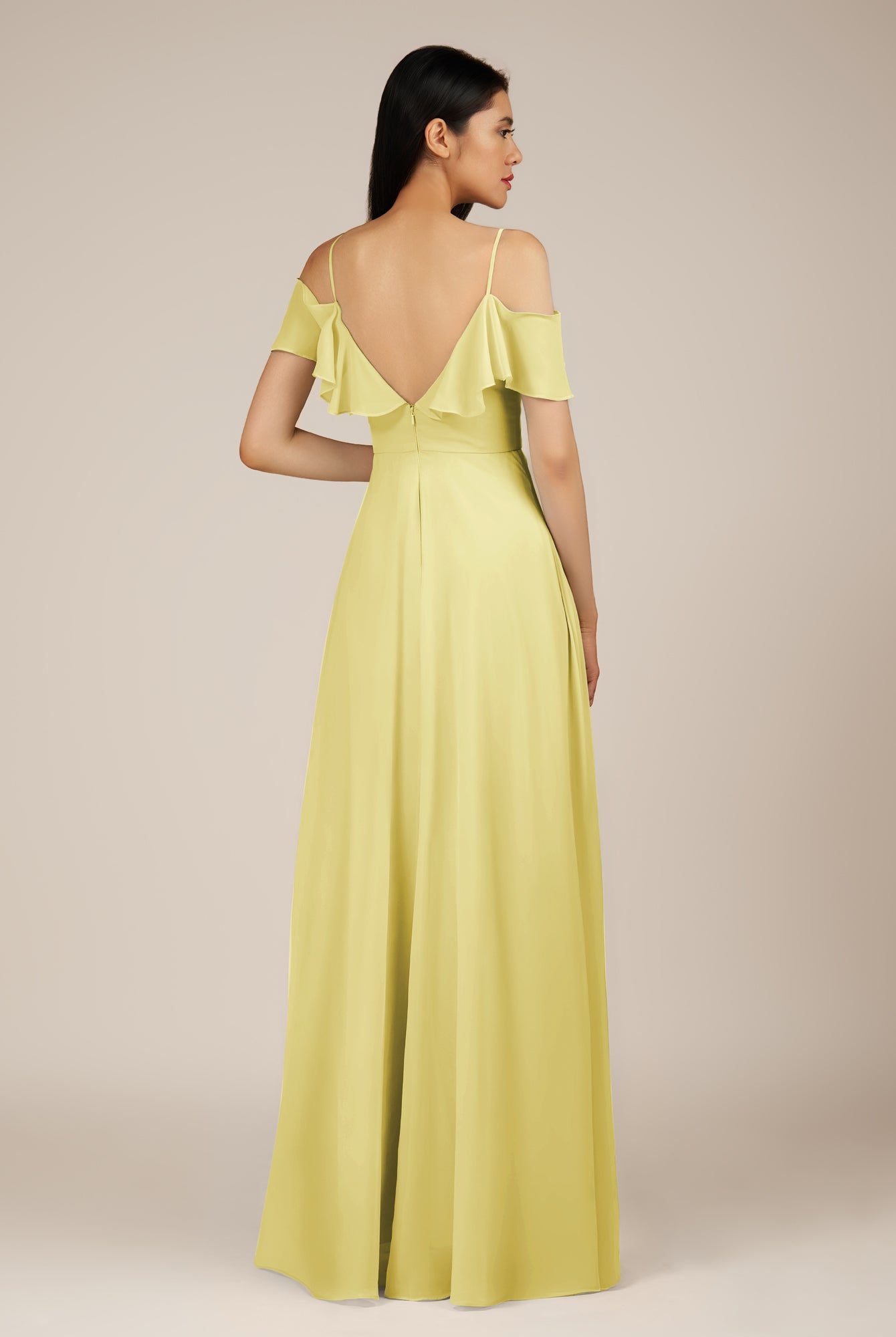 KissDress-Junessa Buttercup A Line Off the Shoulder Chiffon Long Bridesmaid Dress with Ruffles