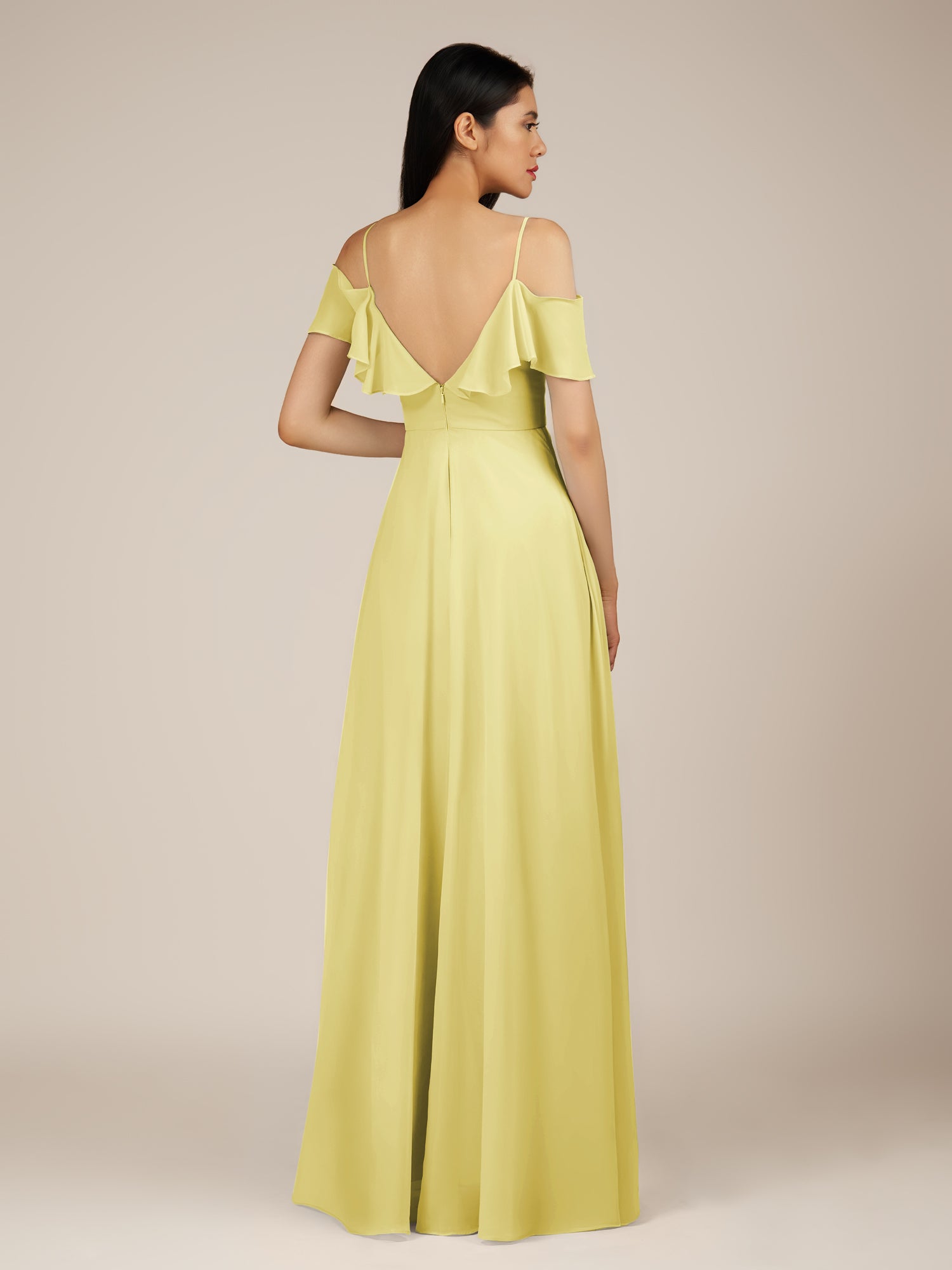 KissDress-Junessa Buttercup A Line Off the Shoulder Chiffon Long Bridesmaid Dress with Ruffles