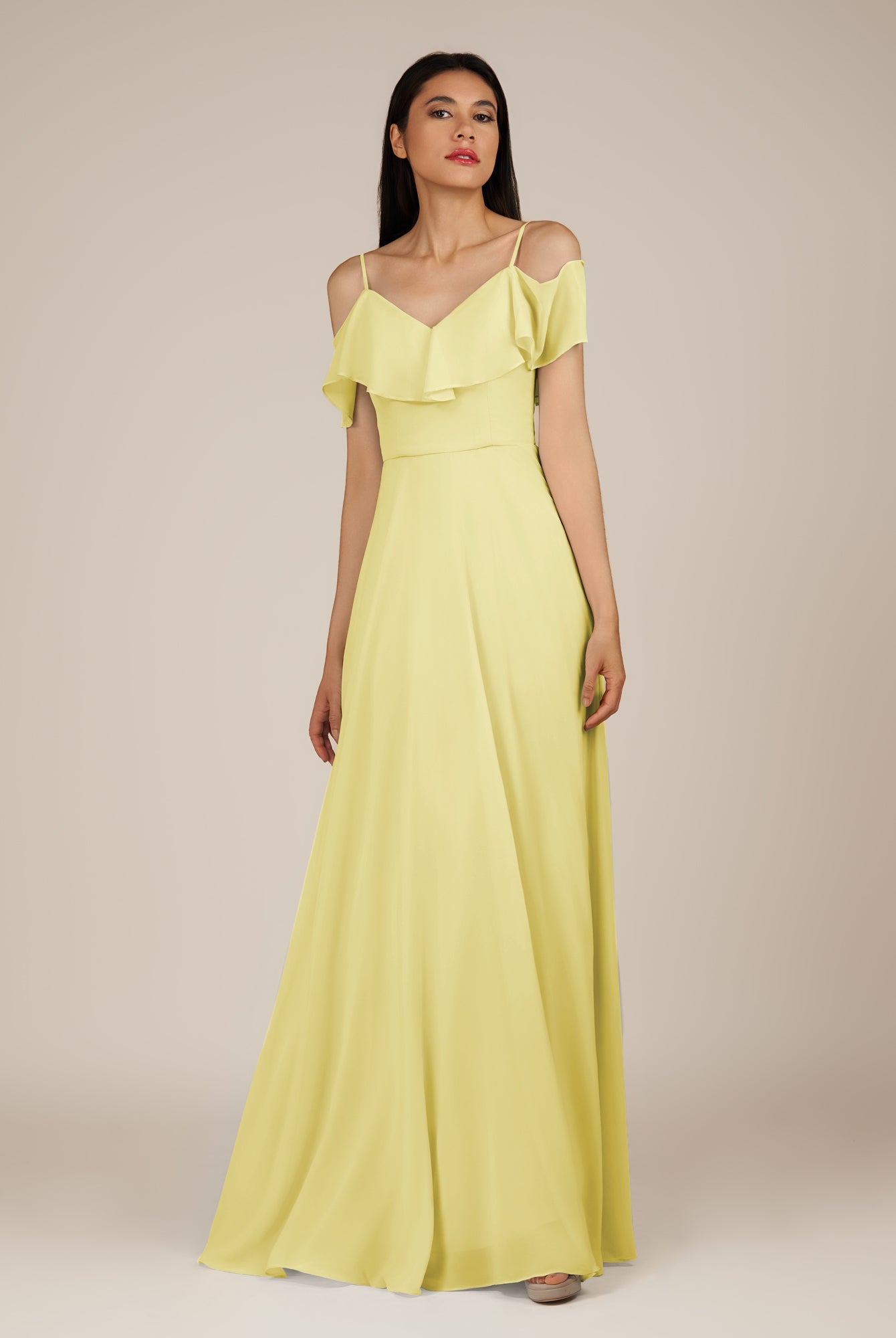 KissDress-Junessa Buttercup A Line Off the Shoulder Chiffon Long Bridesmaid Dress with Ruffles