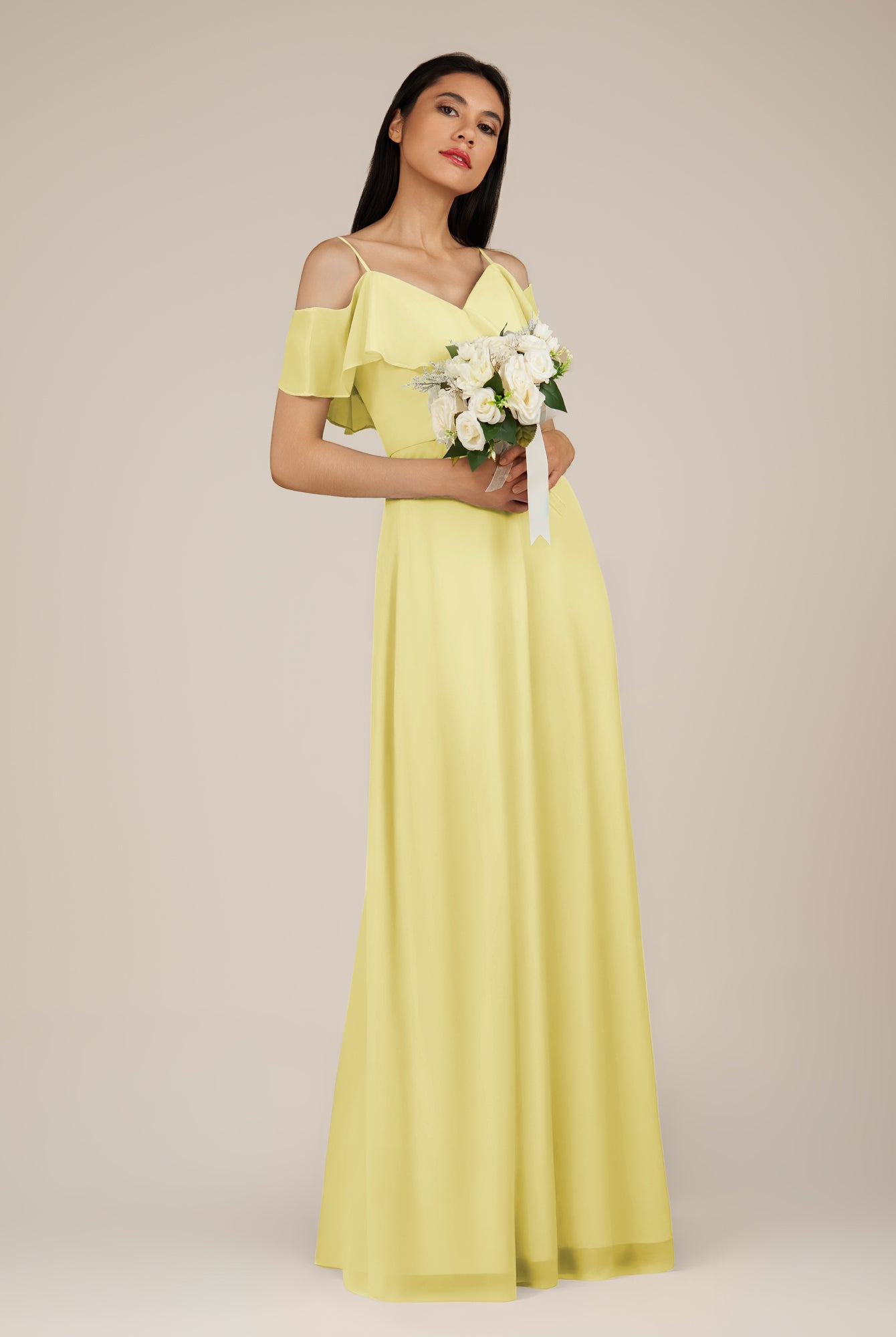 KissDress-Junessa Buttercup A Line Off the Shoulder Chiffon Long Bridesmaid Dress with Ruffles