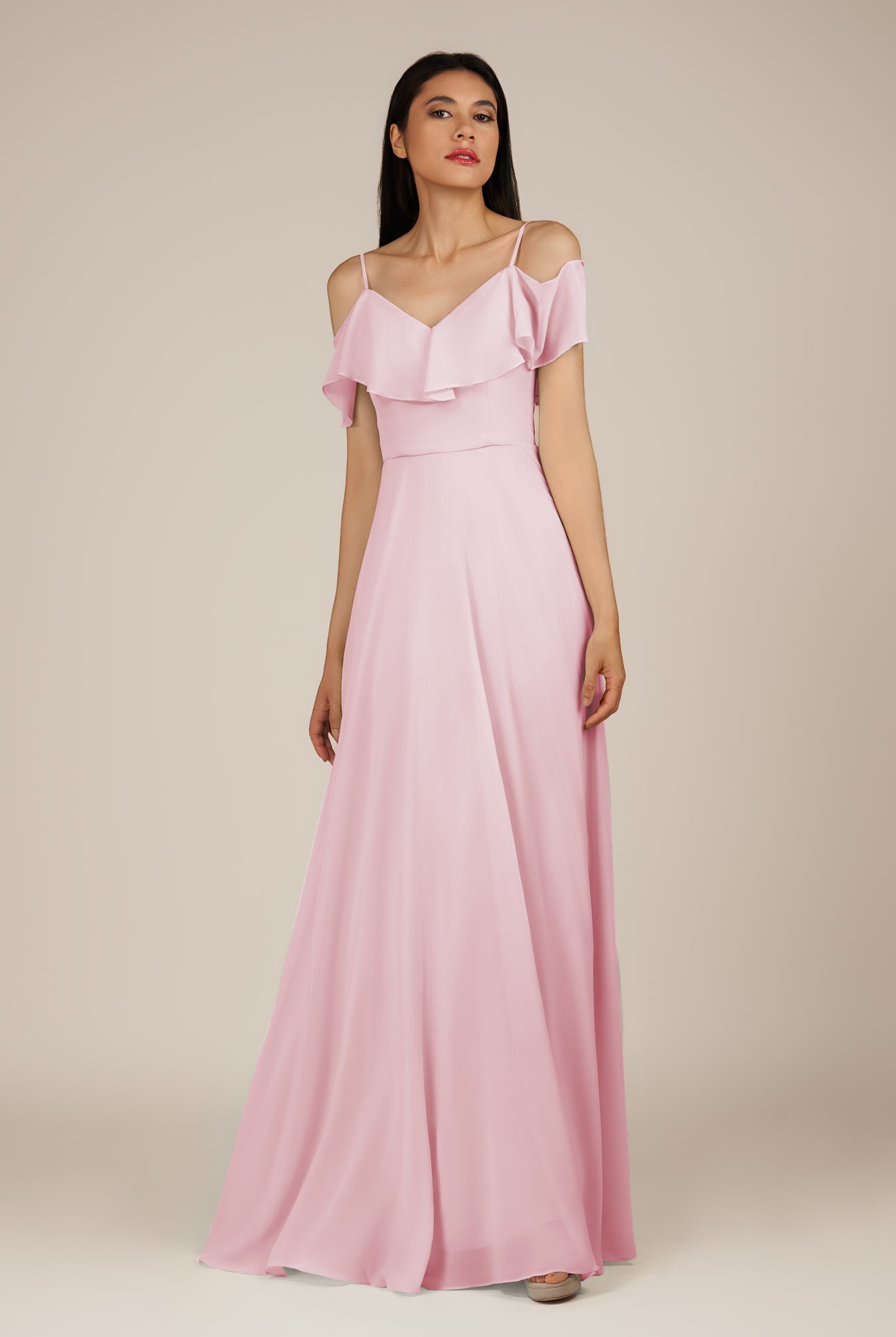 KissDress-Junessa Candy Pink A Line Off the Shoulder Chiffon Long Bridesmaid Dress with Ruffles
