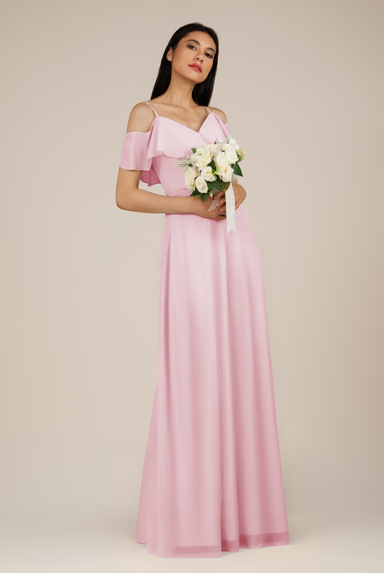 KissDress-Junessa Candy Pink A Line Off the Shoulder Chiffon Long Bridesmaid Dress with Ruffles