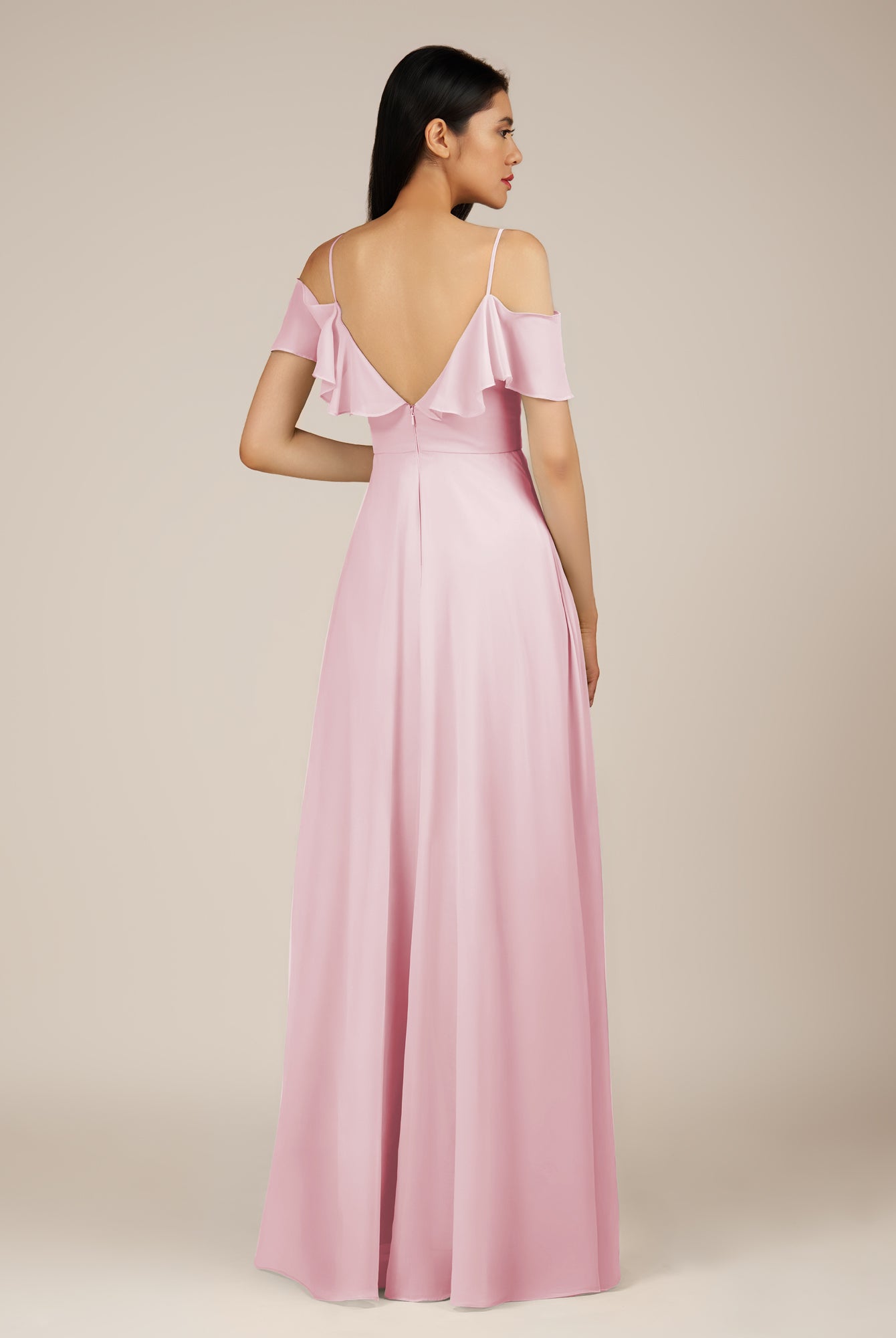 KissDress-Junessa Candy Pink A Line Off the Shoulder Chiffon Long Bridesmaid Dress with Ruffles