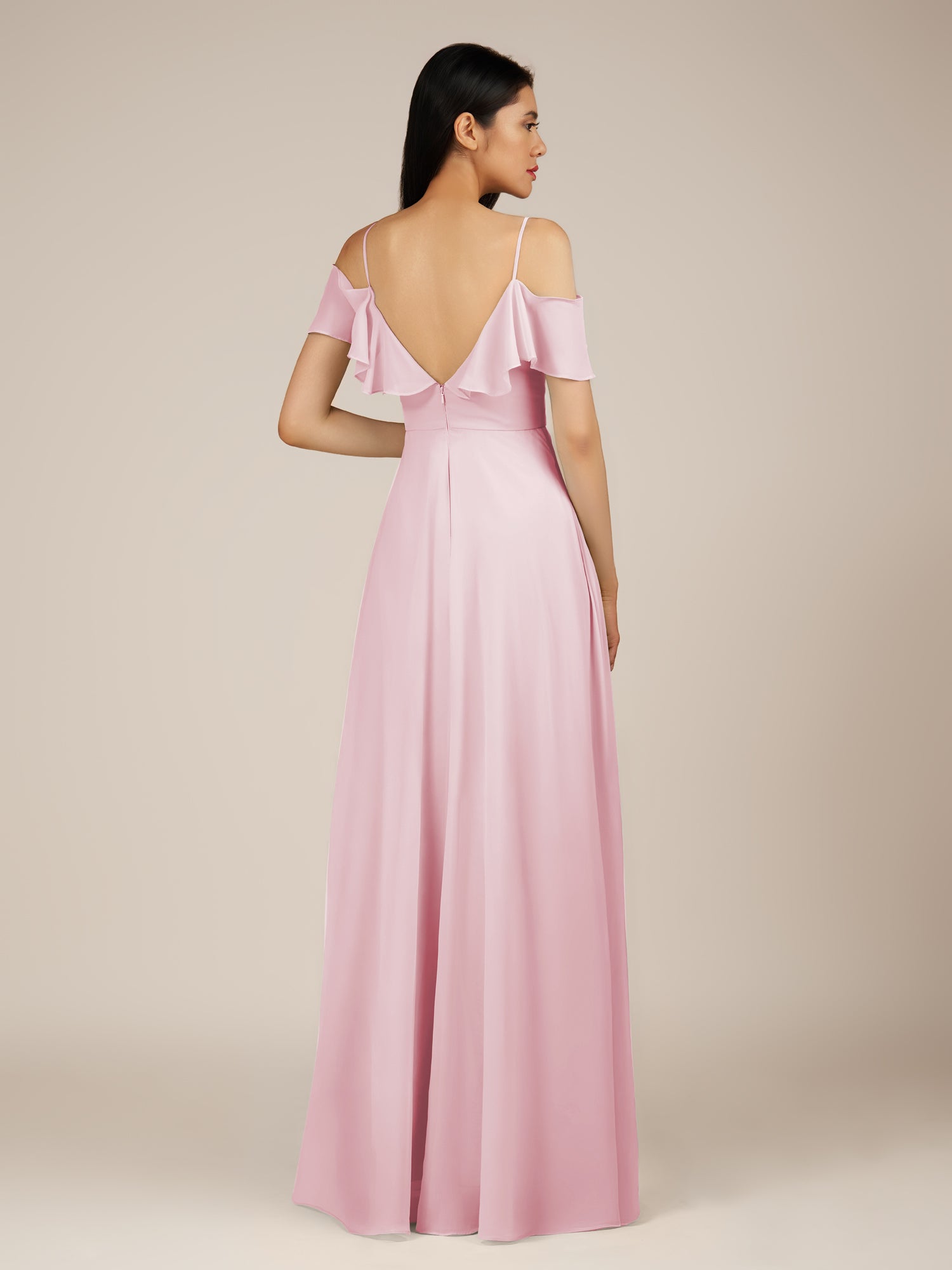 KissDress-Junessa Candy Pink A Line Off the Shoulder Chiffon Long Bridesmaid Dress with Ruffles