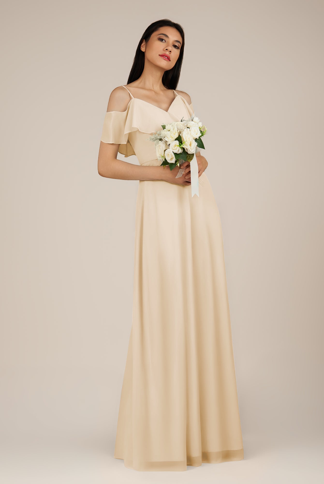 KissDress-Junessa Champagne A Line Off the Shoulder Chiffon Long Bridesmaid Dress with Ruffles