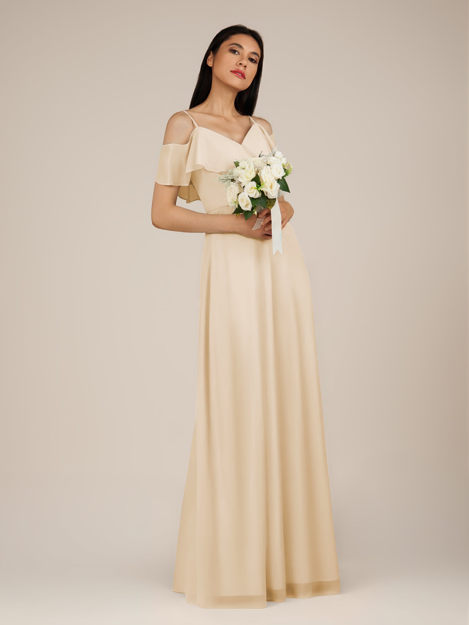 KissDress-Junessa Champagne A Line Off the Shoulder Chiffon Long Bridesmaid Dress with Ruffles
