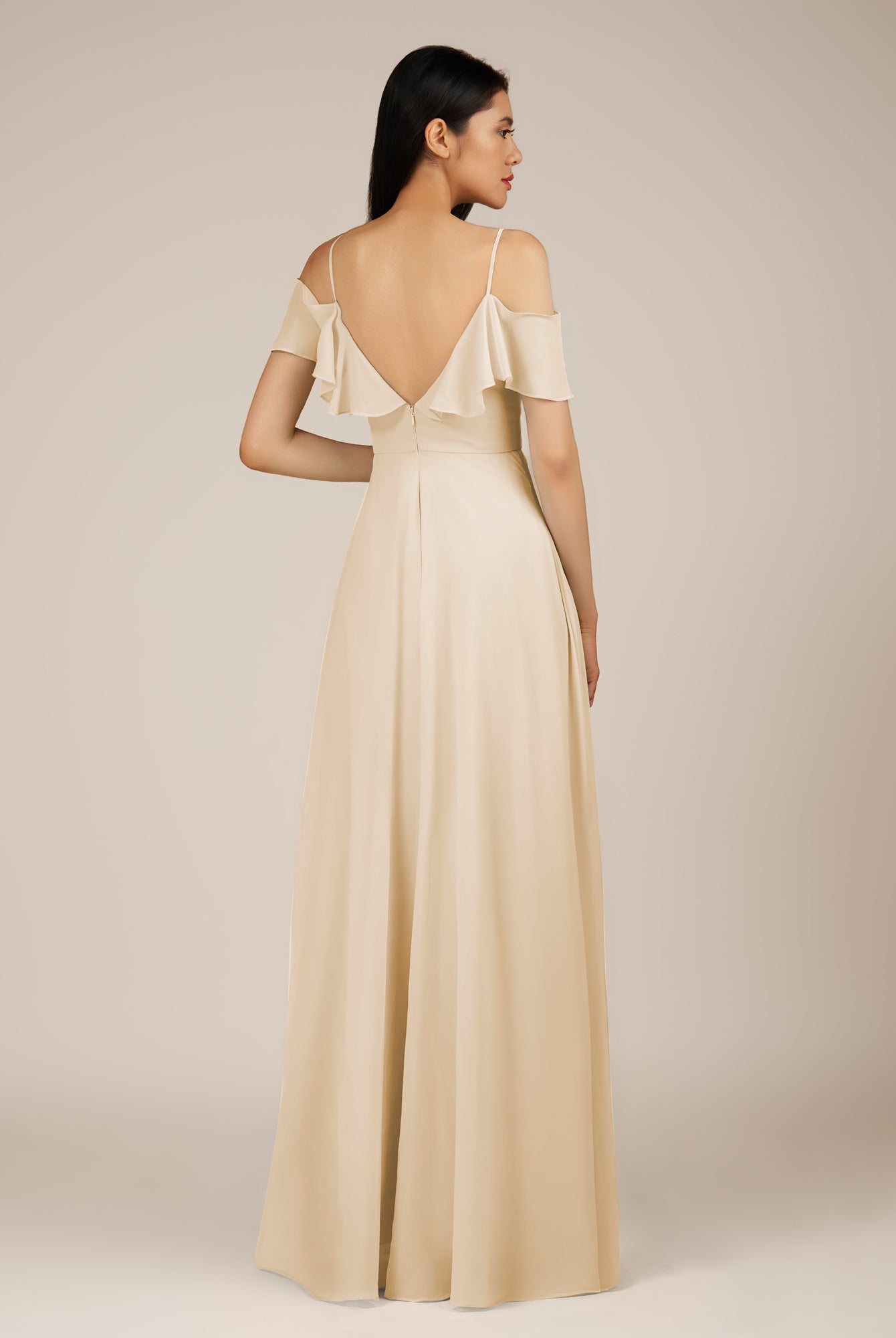 KissDress-Junessa Champagne A Line Off the Shoulder Chiffon Long Bridesmaid Dress with Ruffles