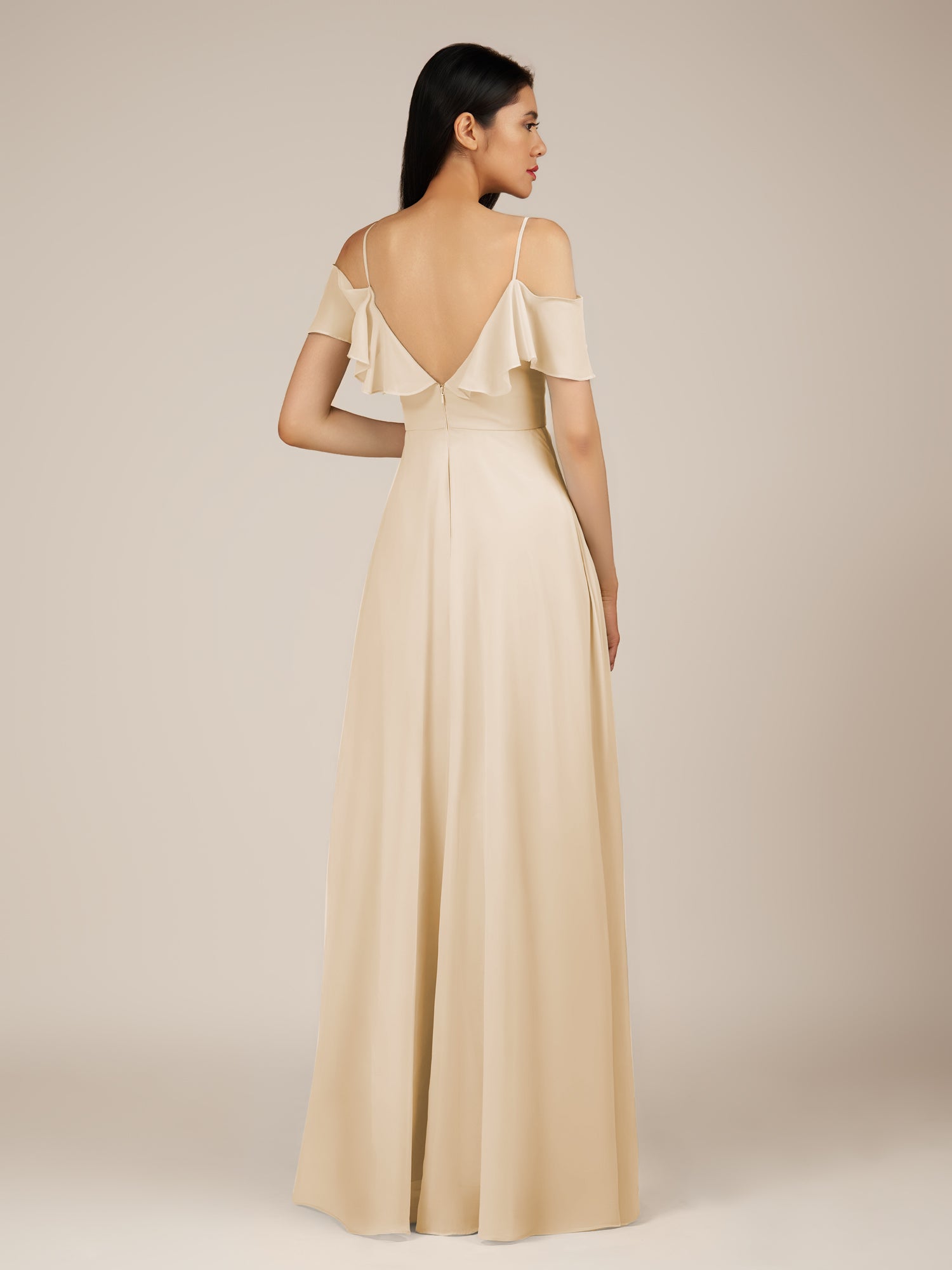 KissDress-Junessa Champagne A Line Off the Shoulder Chiffon Long Bridesmaid Dress with Ruffles