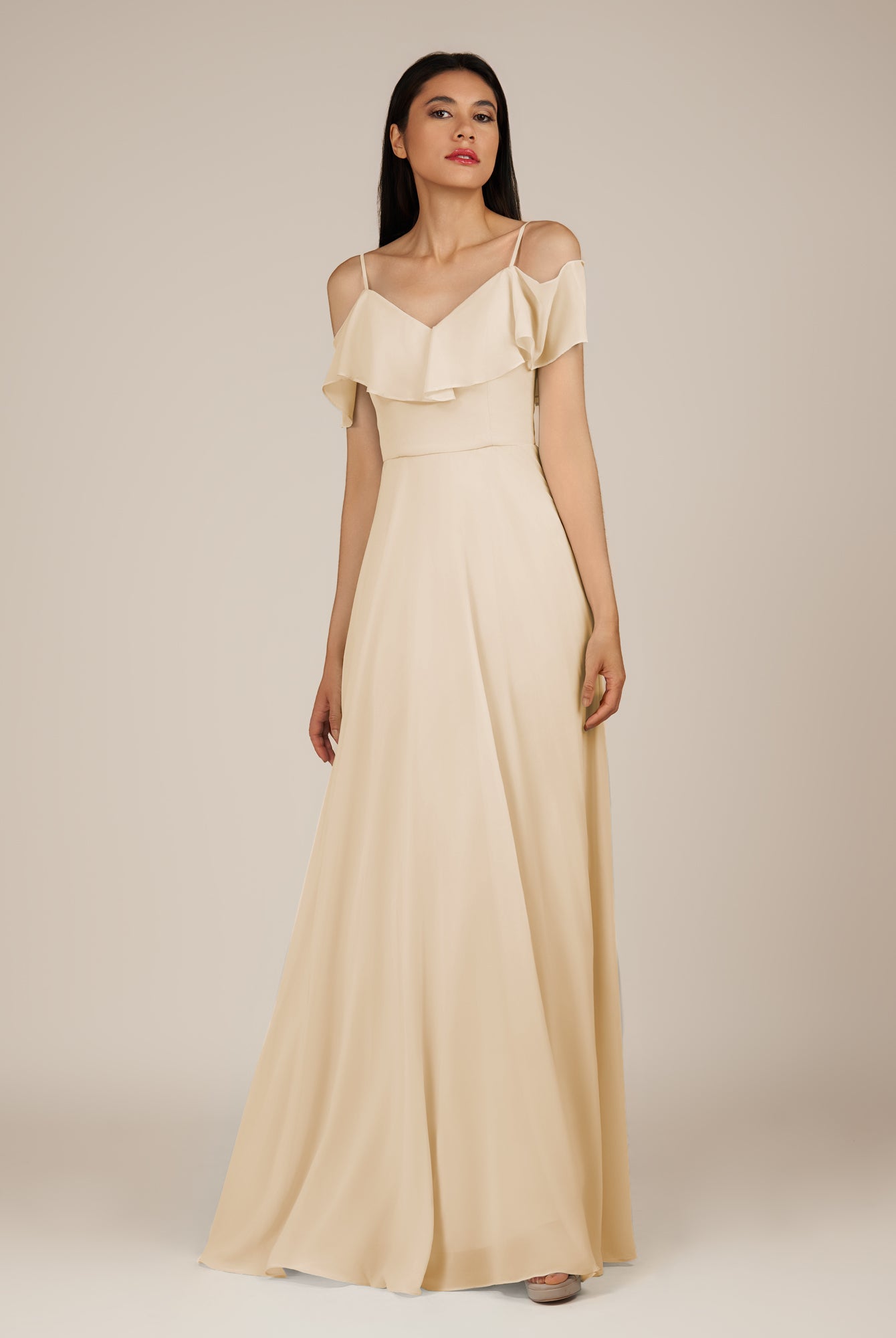 KissDress-Junessa Champagne A Line Off the Shoulder Chiffon Long Bridesmaid Dress with Ruffles