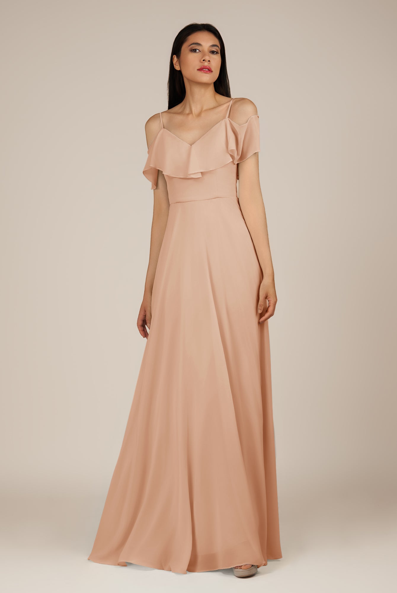 KissDress-Junessa Champagne Rose A Line Off the Shoulder Chiffon Long Bridesmaid Dress with Ruffles