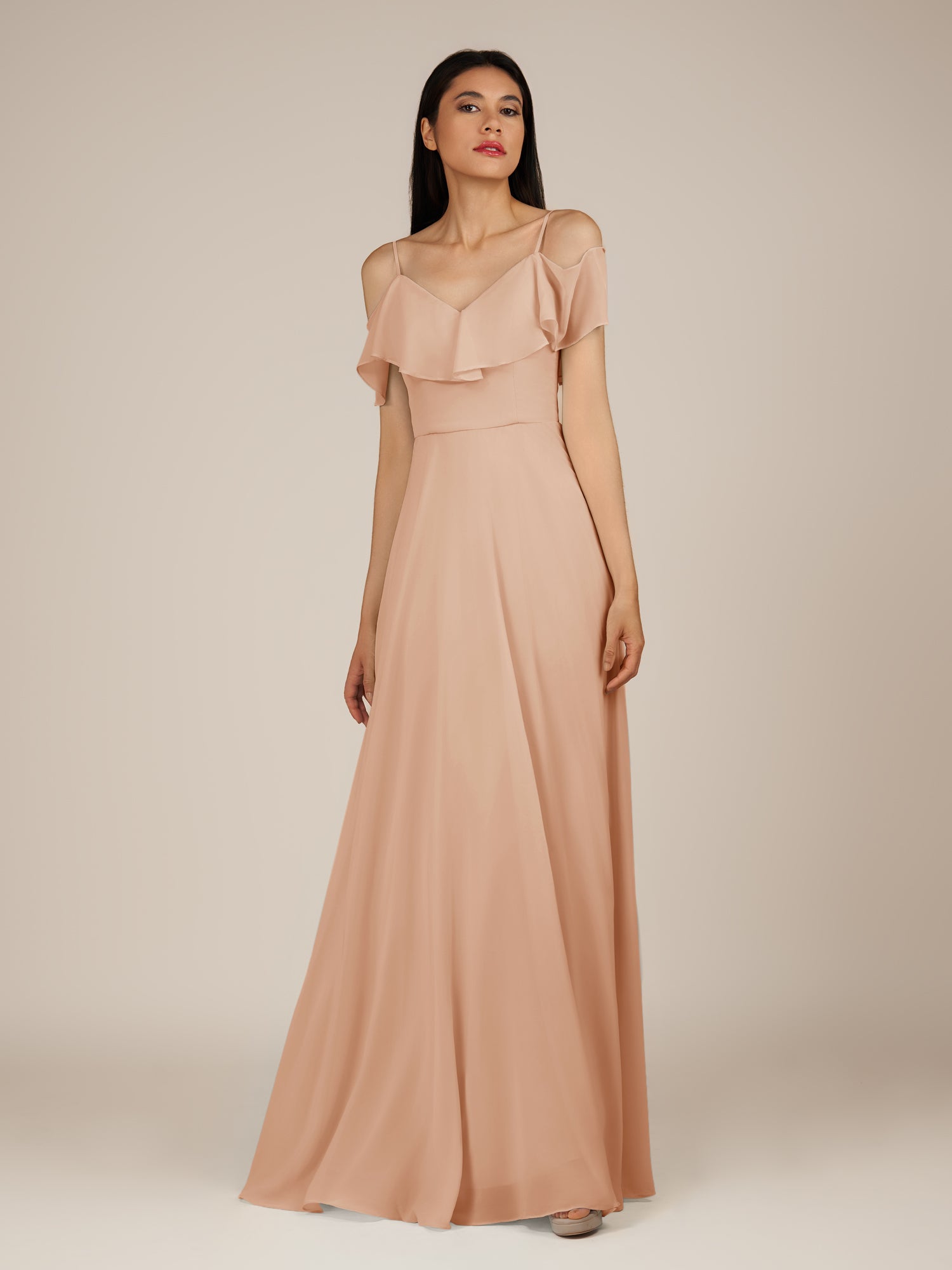 KissDress-Junessa Champagne Rose A Line Off the Shoulder Chiffon Long Bridesmaid Dress with Ruffles