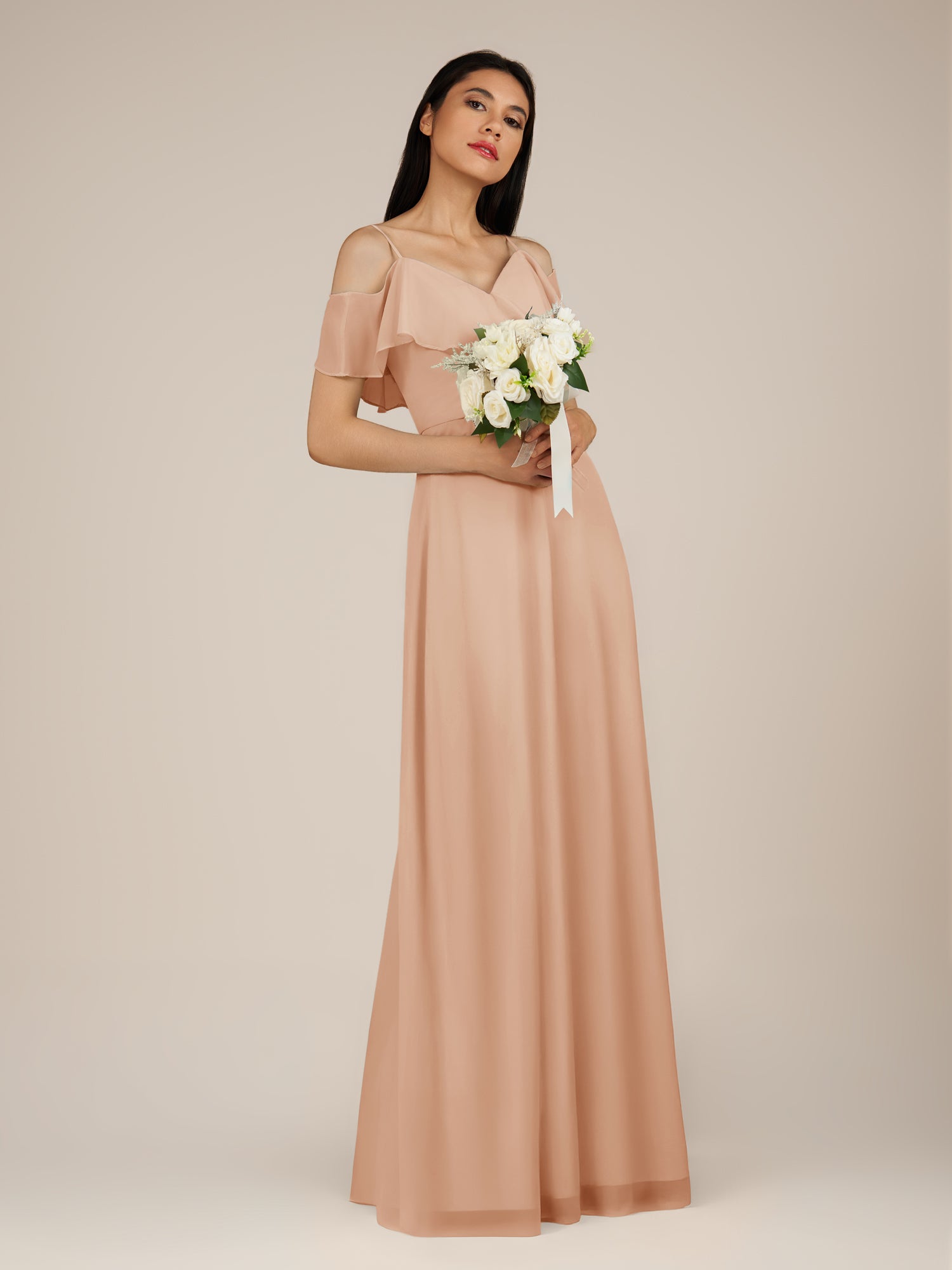 KissDress-Junessa Champagne Rose A Line Off the Shoulder Chiffon Long Bridesmaid Dress with Ruffles