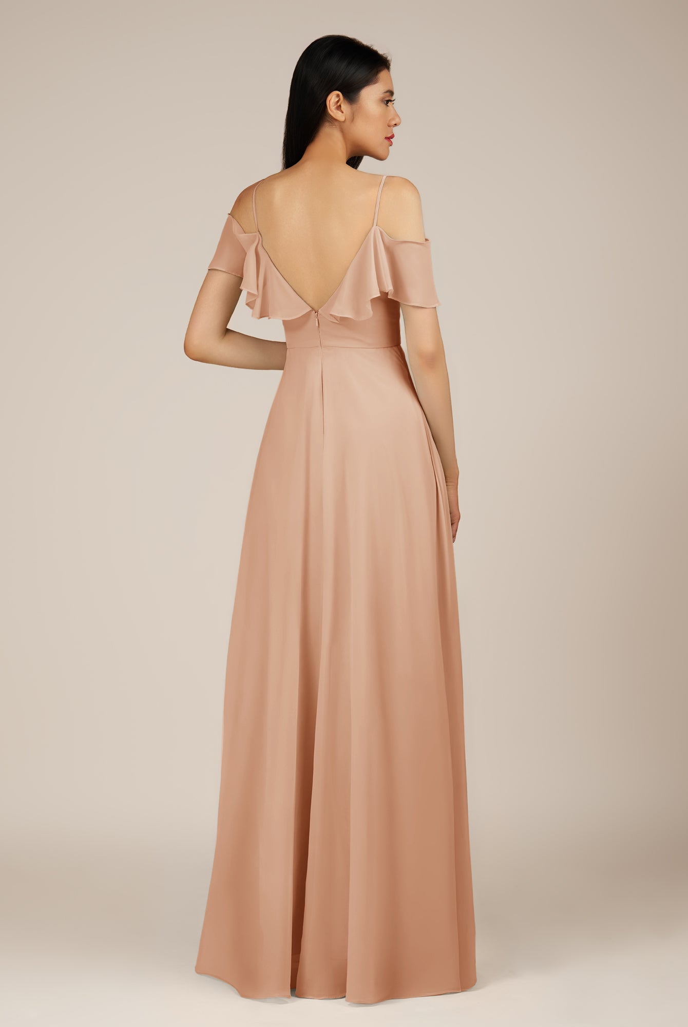 KissDress-Junessa Champagne Rose A Line Off the Shoulder Chiffon Long Bridesmaid Dress with Ruffles