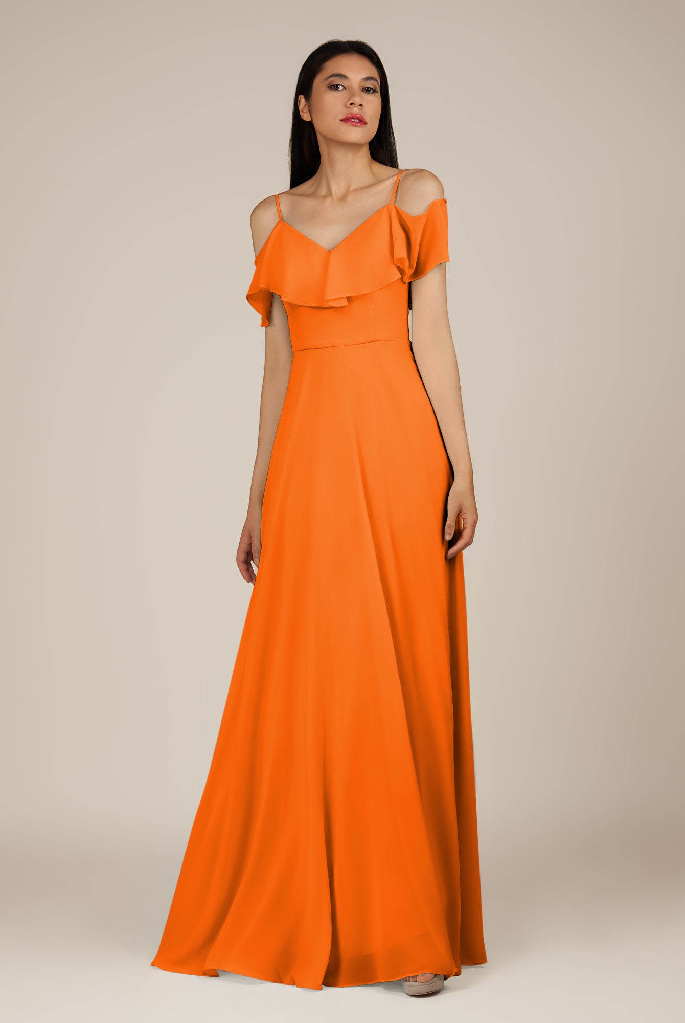 KissDress-Junessa Cinnamon A Line Off the Shoulder Chiffon Long Bridesmaid Dress with Ruffles