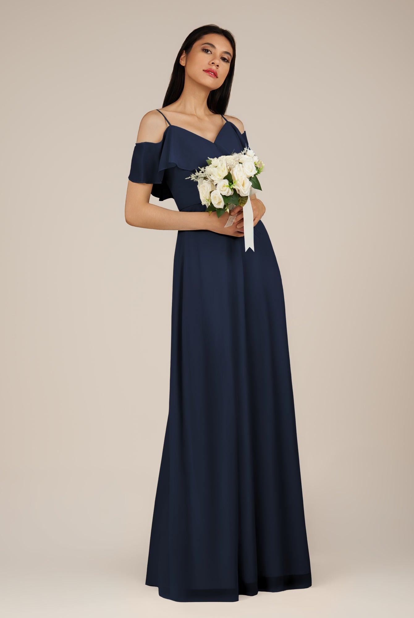 KissDress-Junessa Dark Navy A Line Off the Shoulder Chiffon Long Bridesmaid Dress with Ruffles
