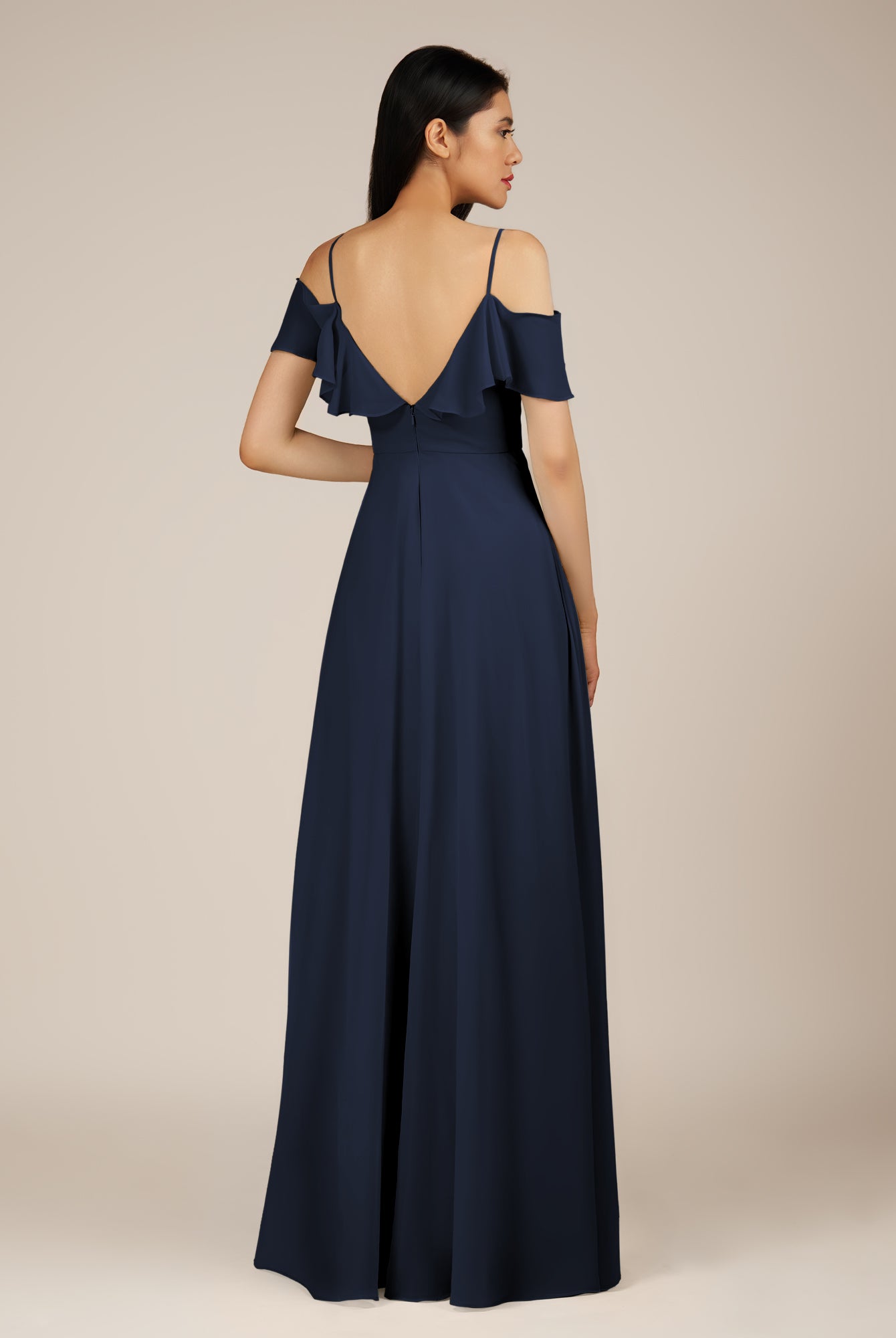 KissDress-Junessa Dark Navy A Line Off the Shoulder Chiffon Long Bridesmaid Dress with Ruffles
