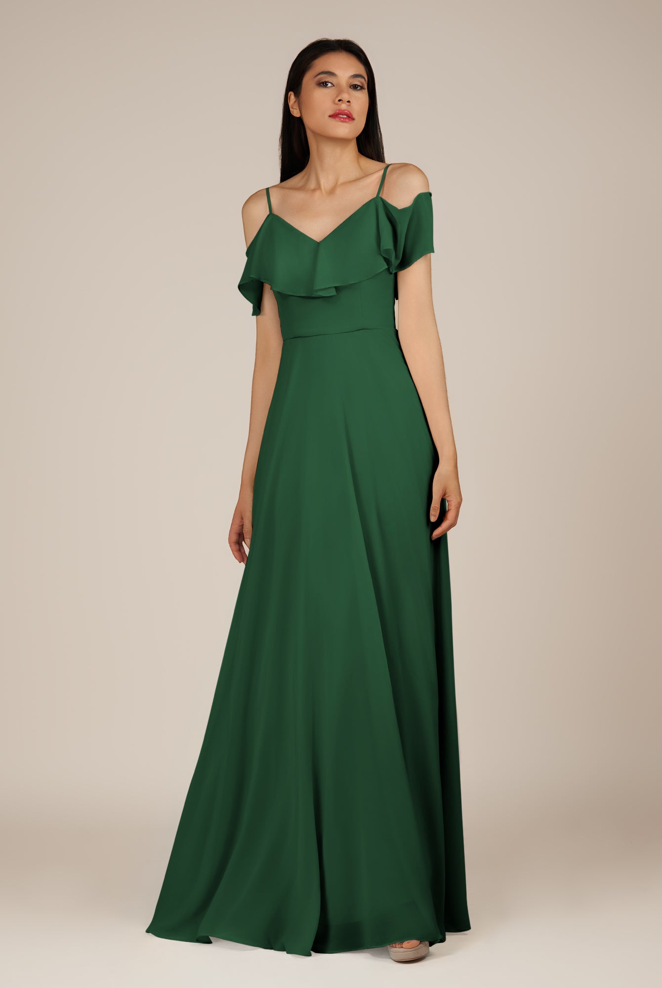 KissDress-Junessa Dark Green A Line Off the Shoulder Chiffon Long Bridesmaid Dress with Ruffles