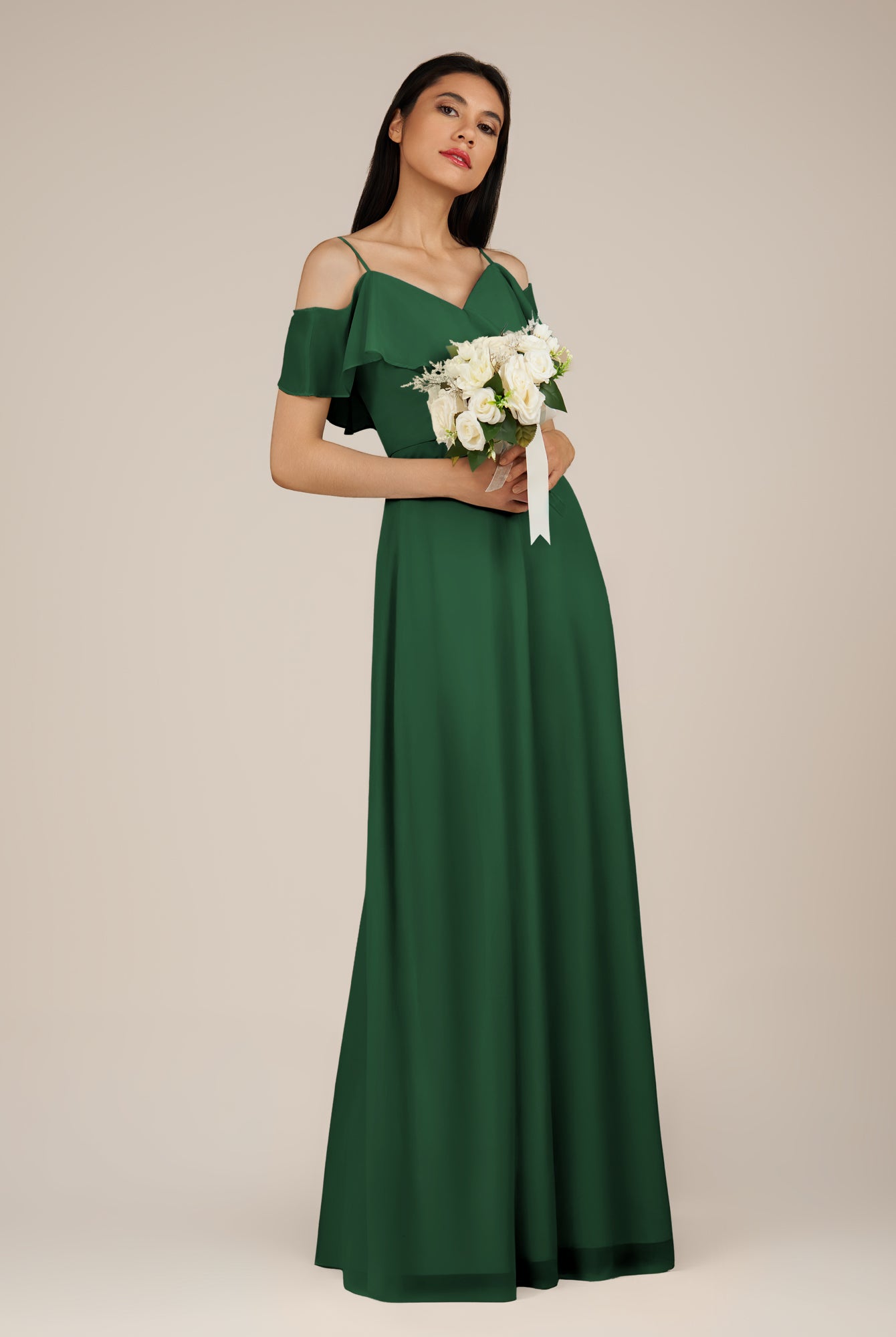 KissDress-Junessa Dark Green A Line Off the Shoulder Chiffon Long Bridesmaid Dress with Ruffles