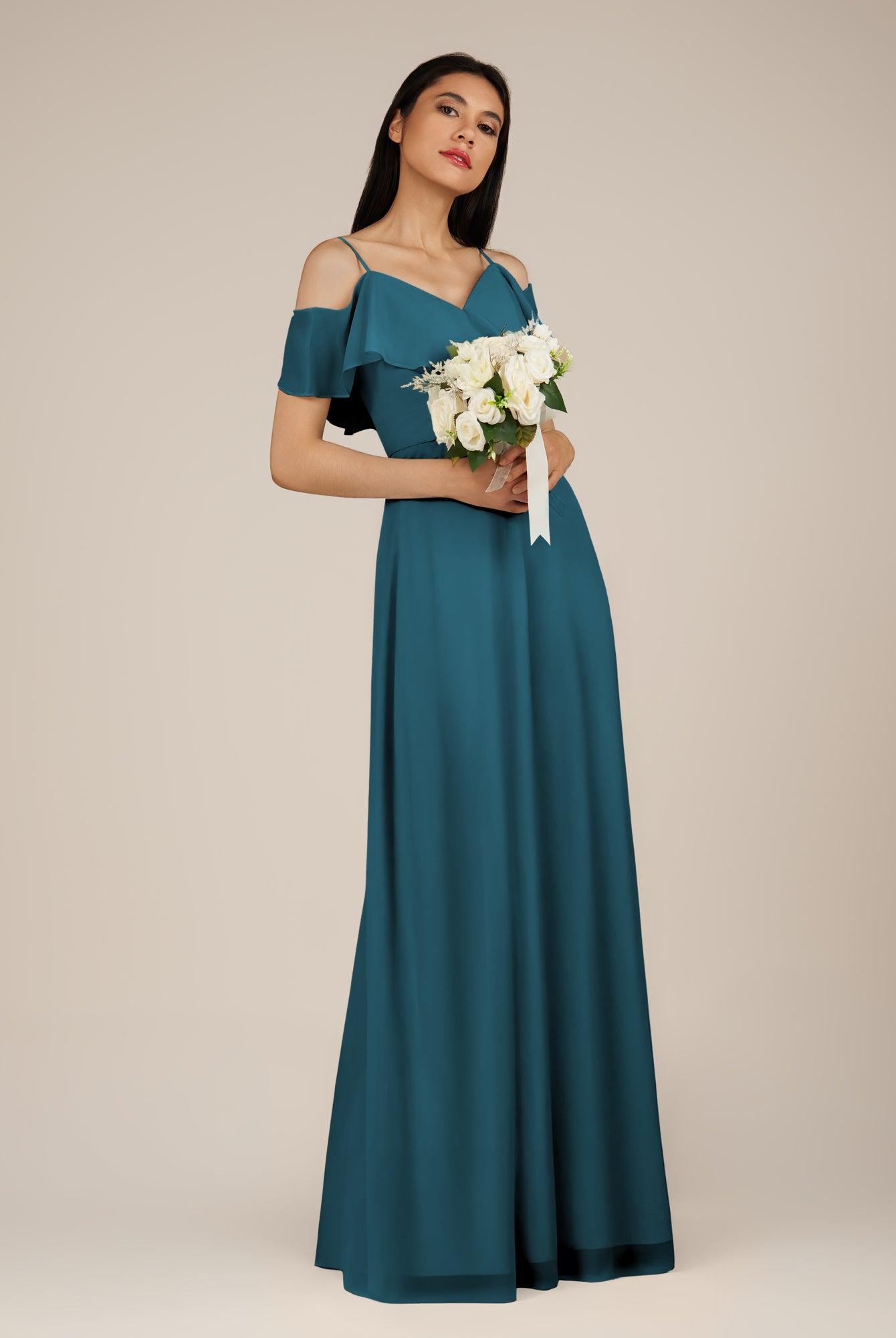 KissDress-Junessa Dark Teal A Line Off the Shoulder Chiffon Long Bridesmaid Dress with Ruffles