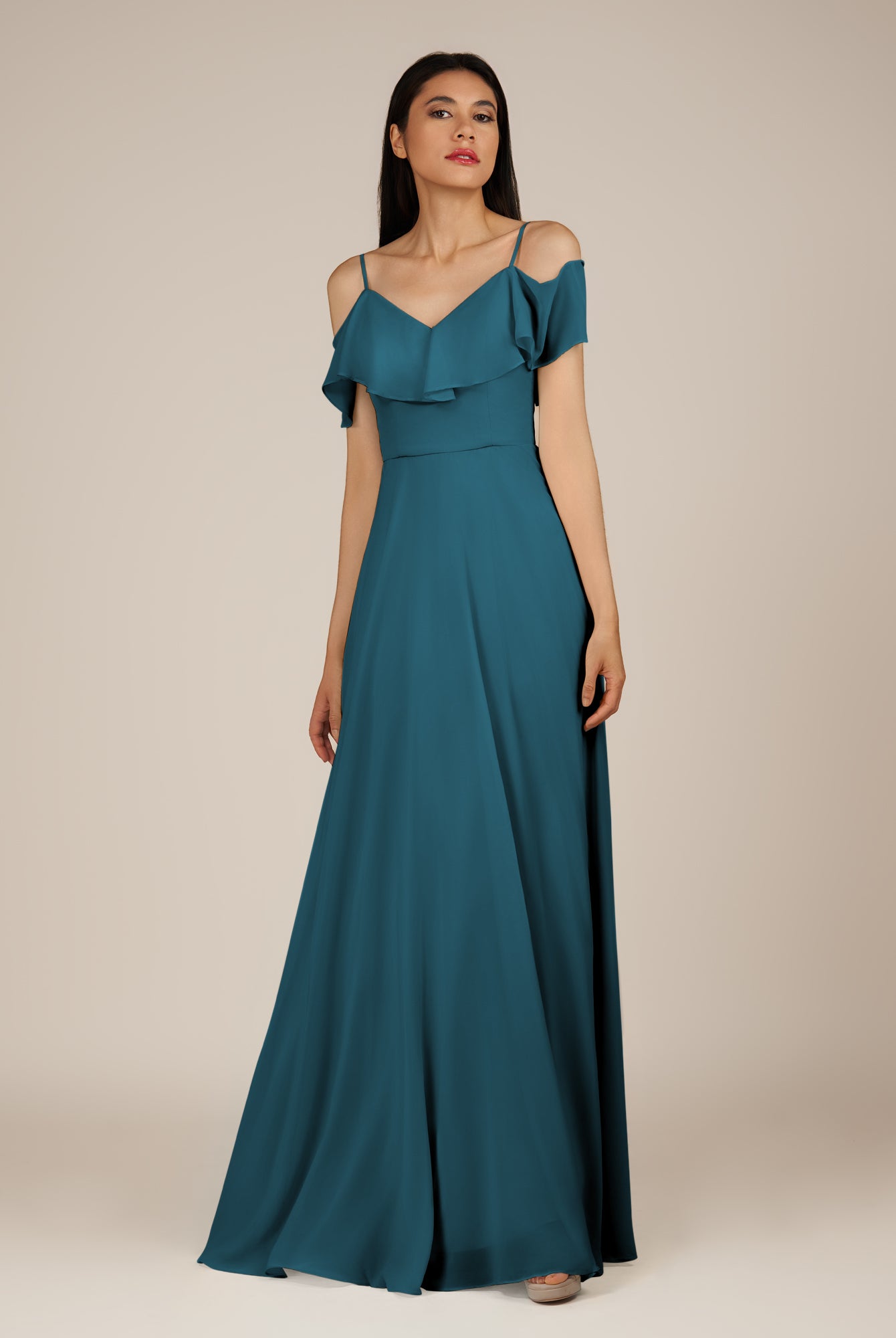KissDress-Junessa Dark Teal A Line Off the Shoulder Chiffon Long Bridesmaid Dress with Ruffles