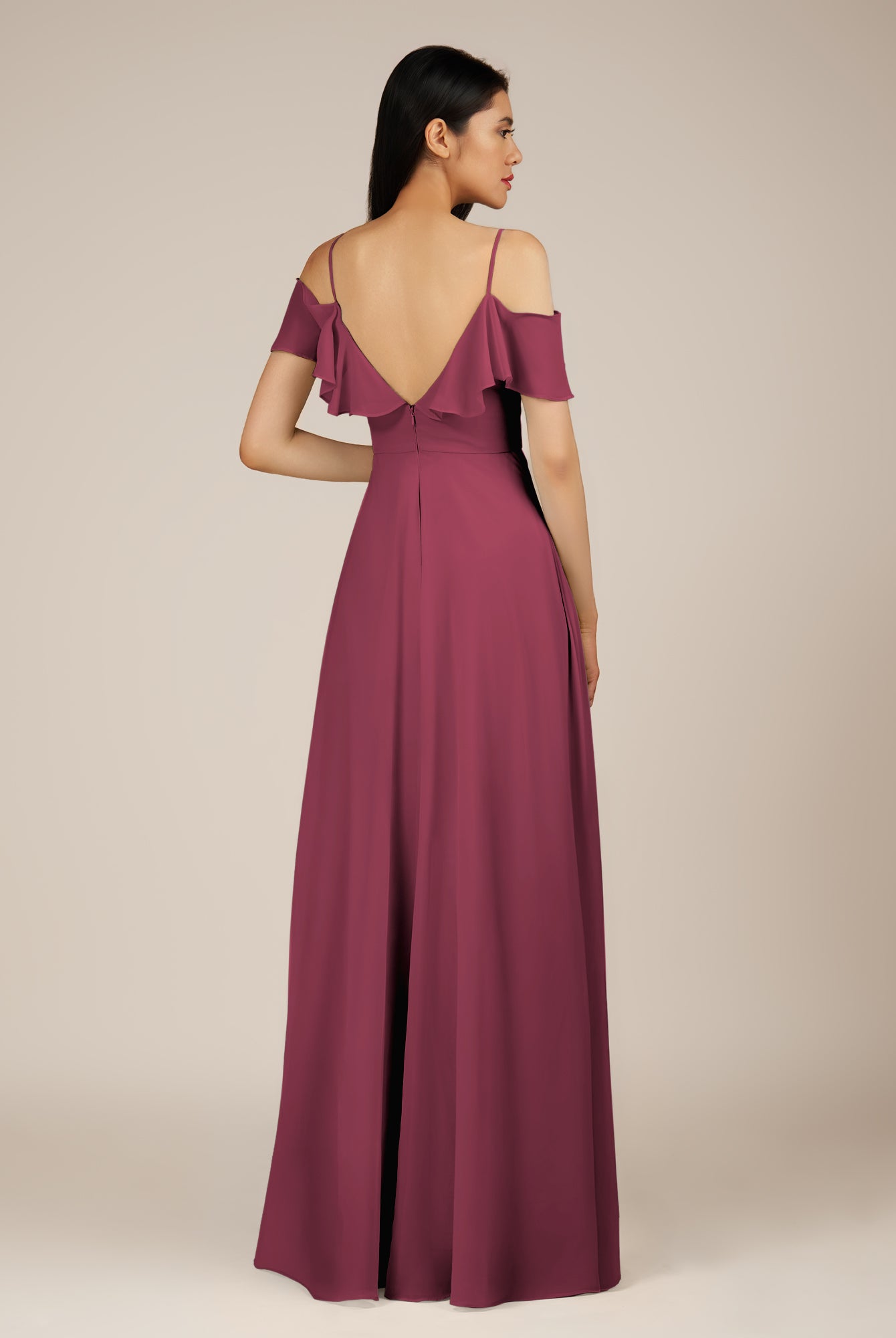 KissDress-Junessa Desert Rose A Line Off the Shoulder Chiffon Long Bridesmaid Dress with Ruffles