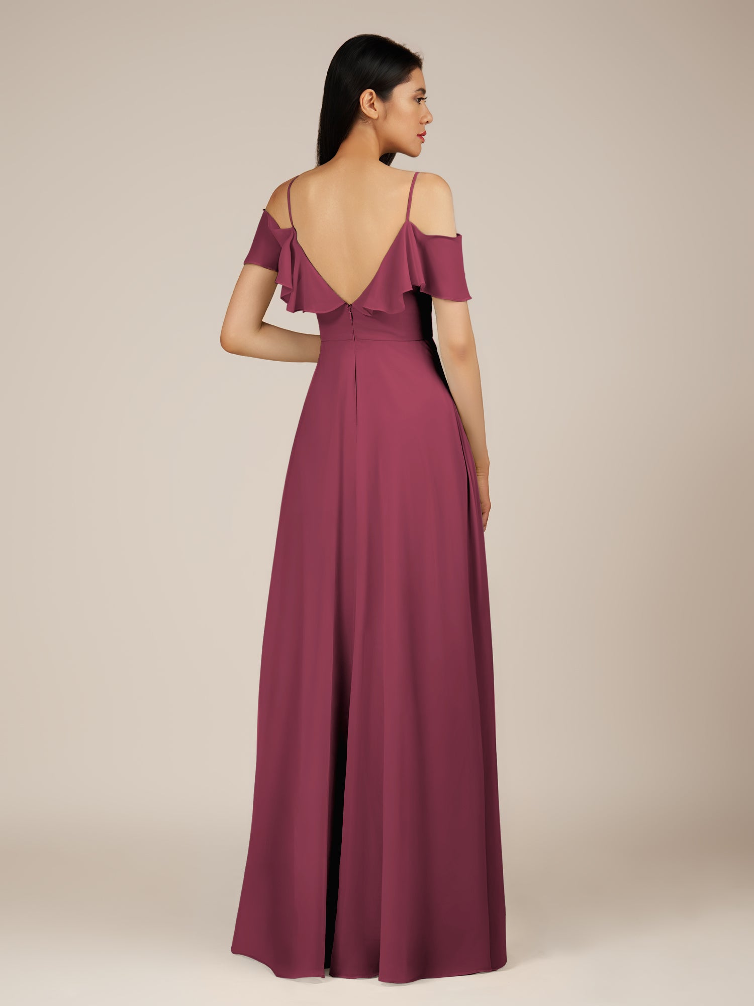 KissDress-Junessa Desert Rose A Line Off the Shoulder Chiffon Long Bridesmaid Dress with Ruffles
