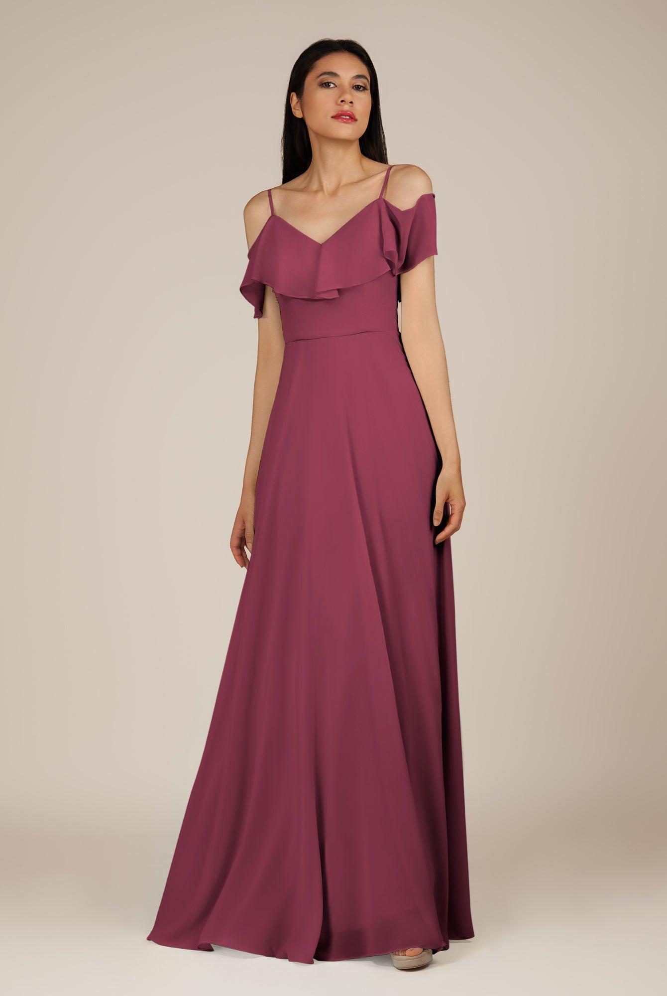 KissDress-Junessa Desert Rose A Line Off the Shoulder Chiffon Long Bridesmaid Dress with Ruffles