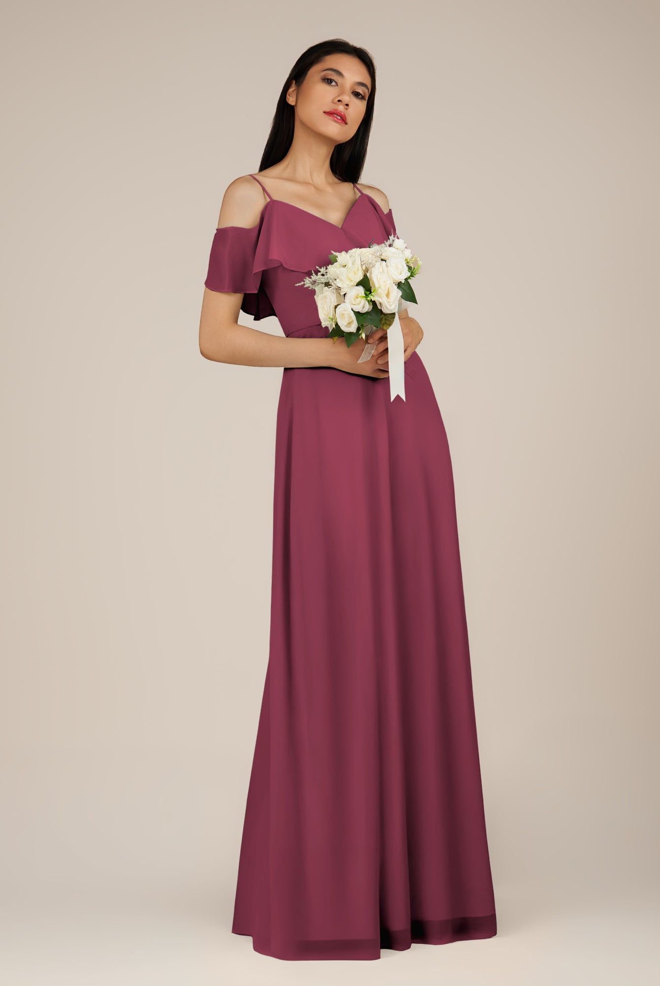 KissDress-Junessa Desert Rose A Line Off the Shoulder Chiffon Long Bridesmaid Dress with Ruffles