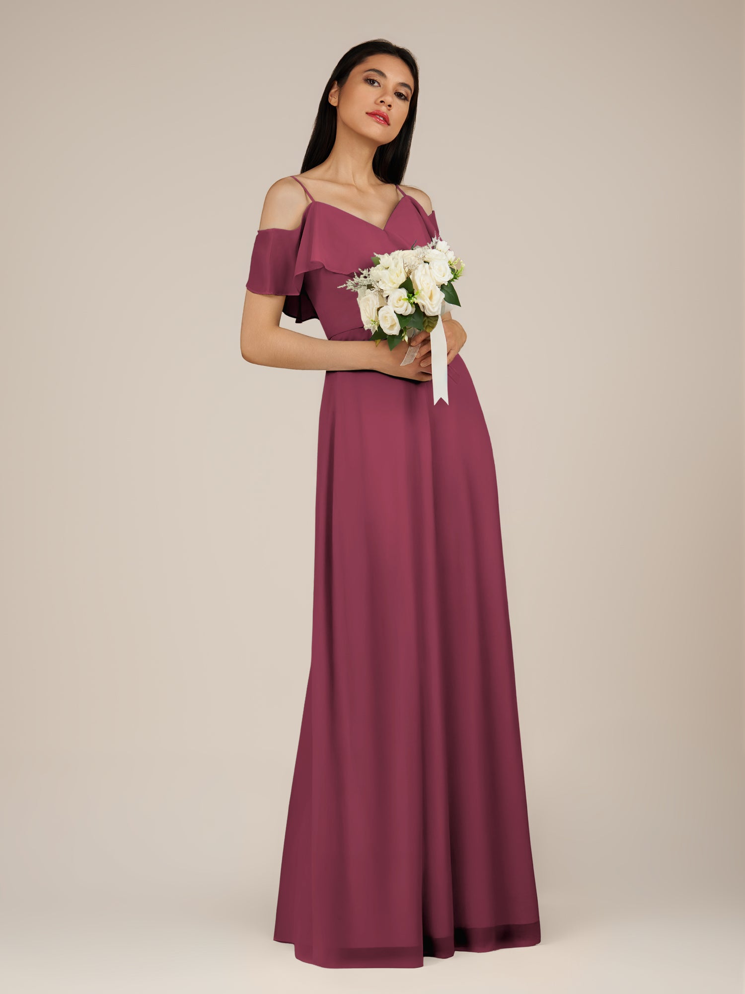 KissDress-Junessa Desert Rose A Line Off the Shoulder Chiffon Long Bridesmaid Dress with Ruffles