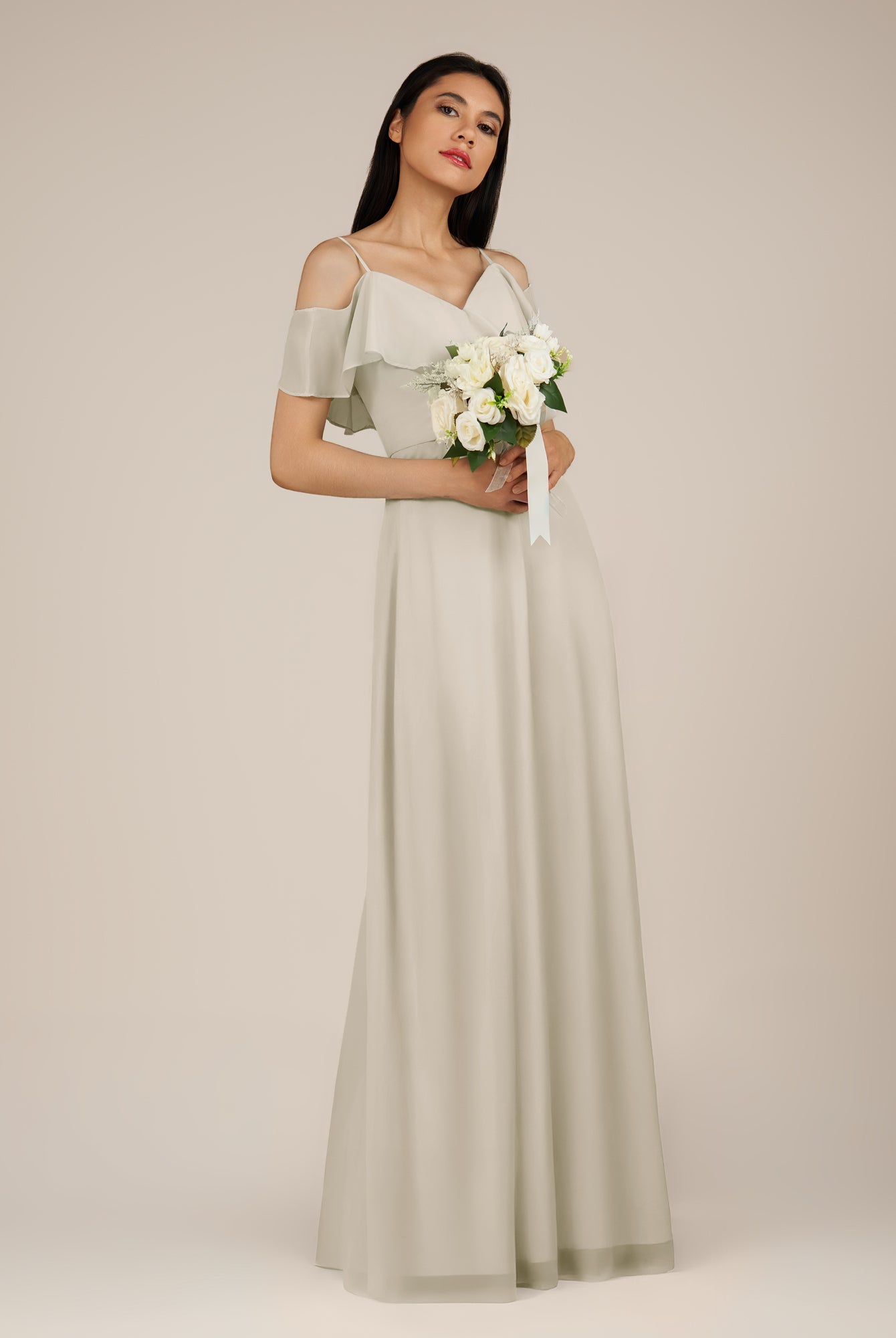 KissDress-Junessa Dove Gray A Line Off the Shoulder Chiffon Long Bridesmaid Dress with Ruffles