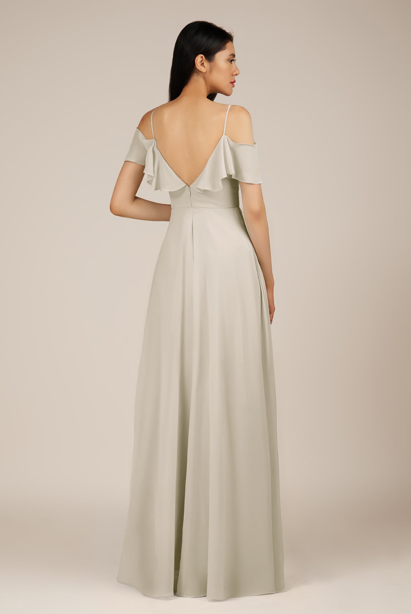 KissDress-Junessa Dove Gray A Line Off the Shoulder Chiffon Long Bridesmaid Dress with Ruffles
