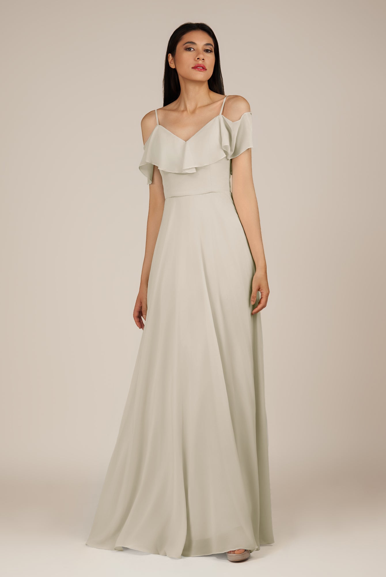 KissDress-Junessa Dove Gray A Line Off the Shoulder Chiffon Long Bridesmaid Dress with Ruffles